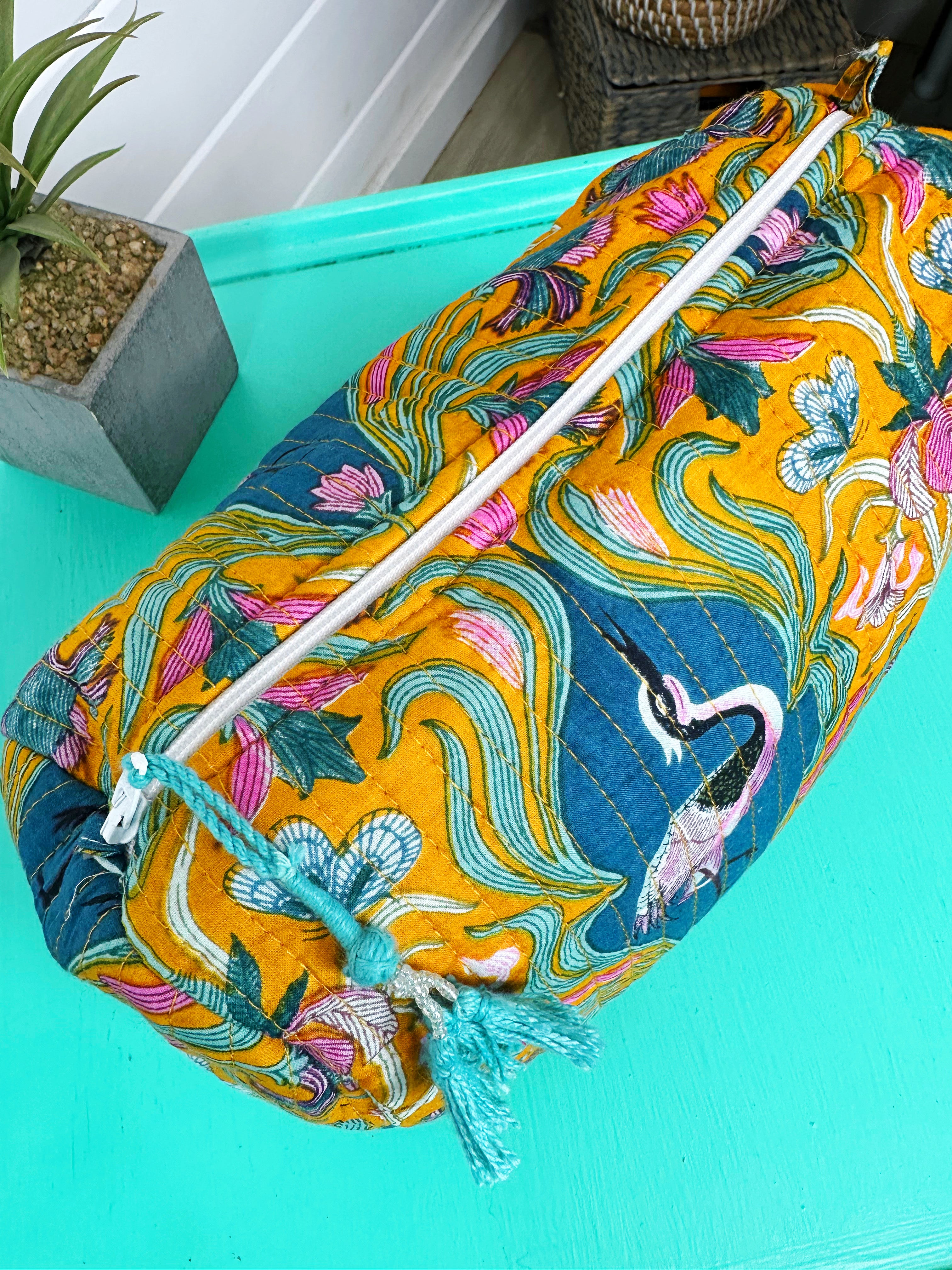 Yellow Peacock Print Quilted Makeup Cosmetics Toiletry Bag