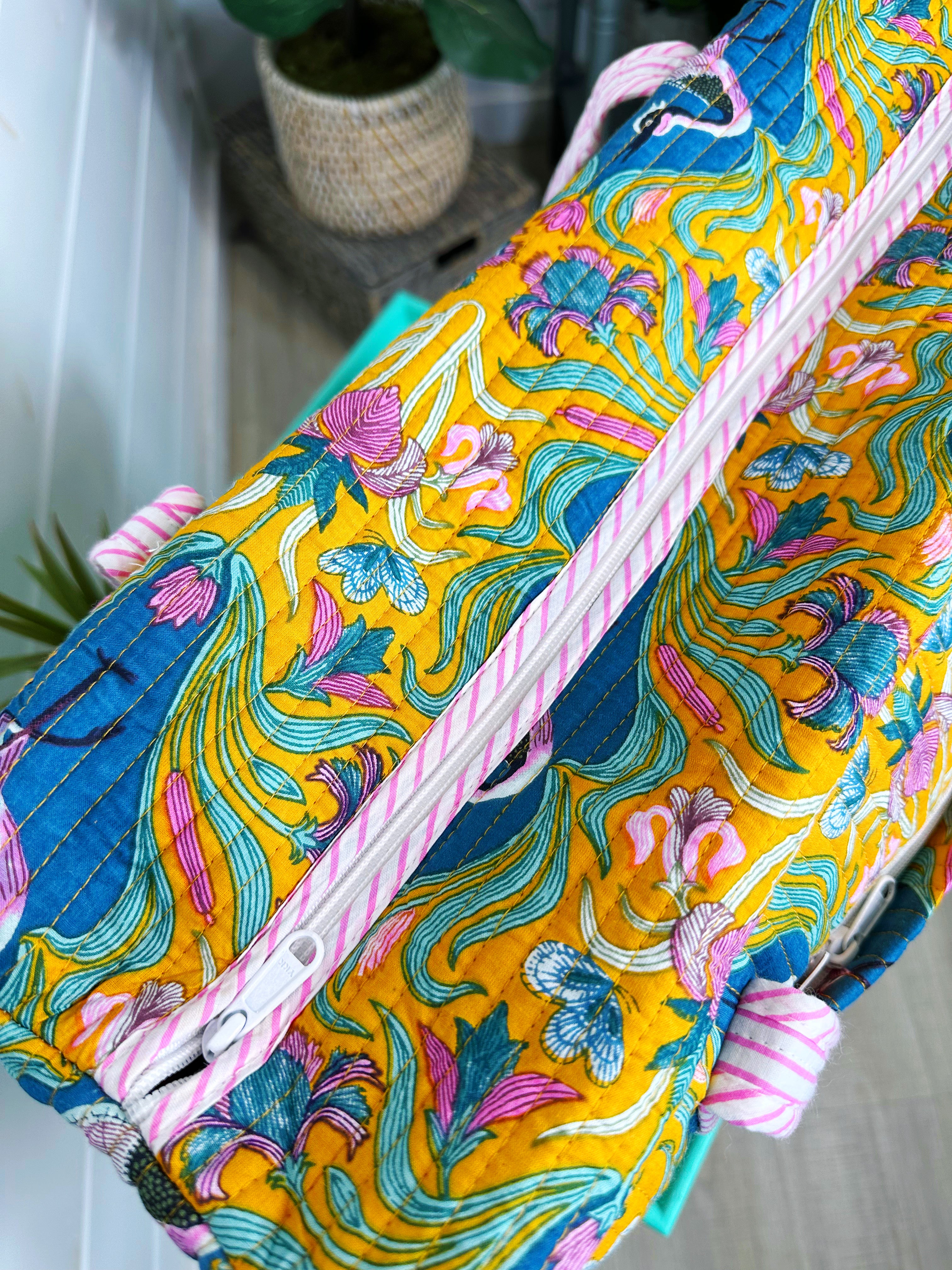 Yellow Peacock Print Quilted Weekender Overnight Bag