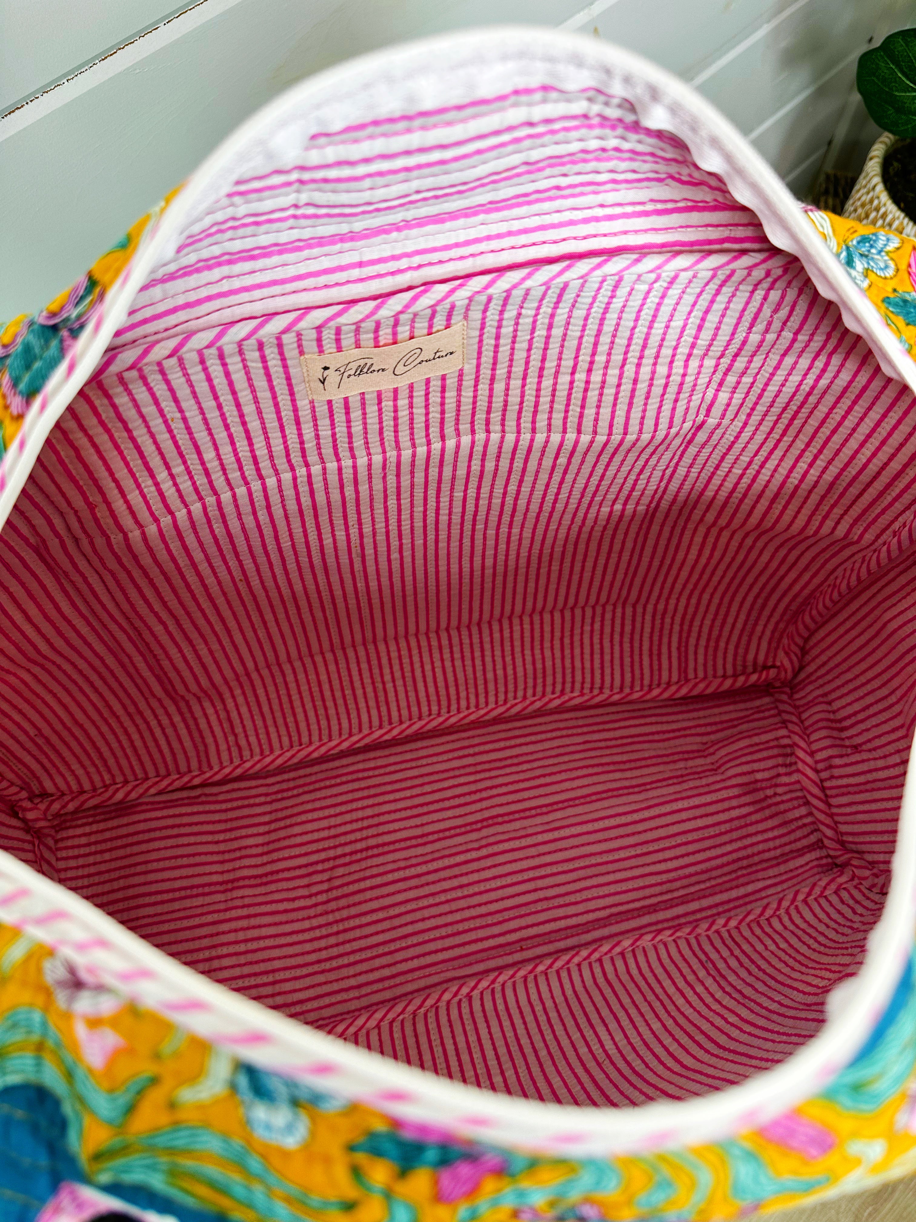 Yellow Peacock Print Quilted Weekender Overnight Bag