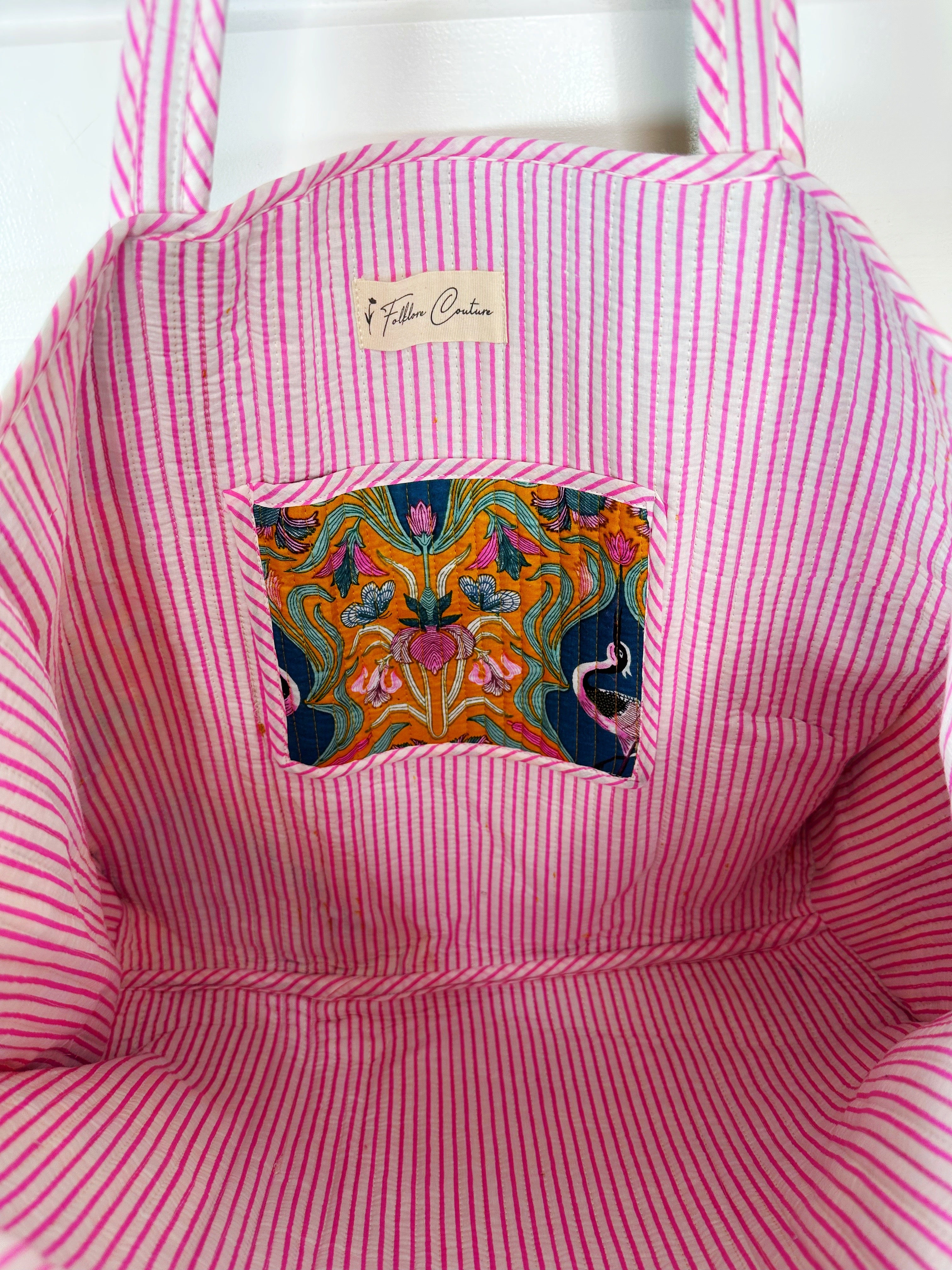 Yellow Peacock Print Quilted Cotton Reversible Large Tote Bag