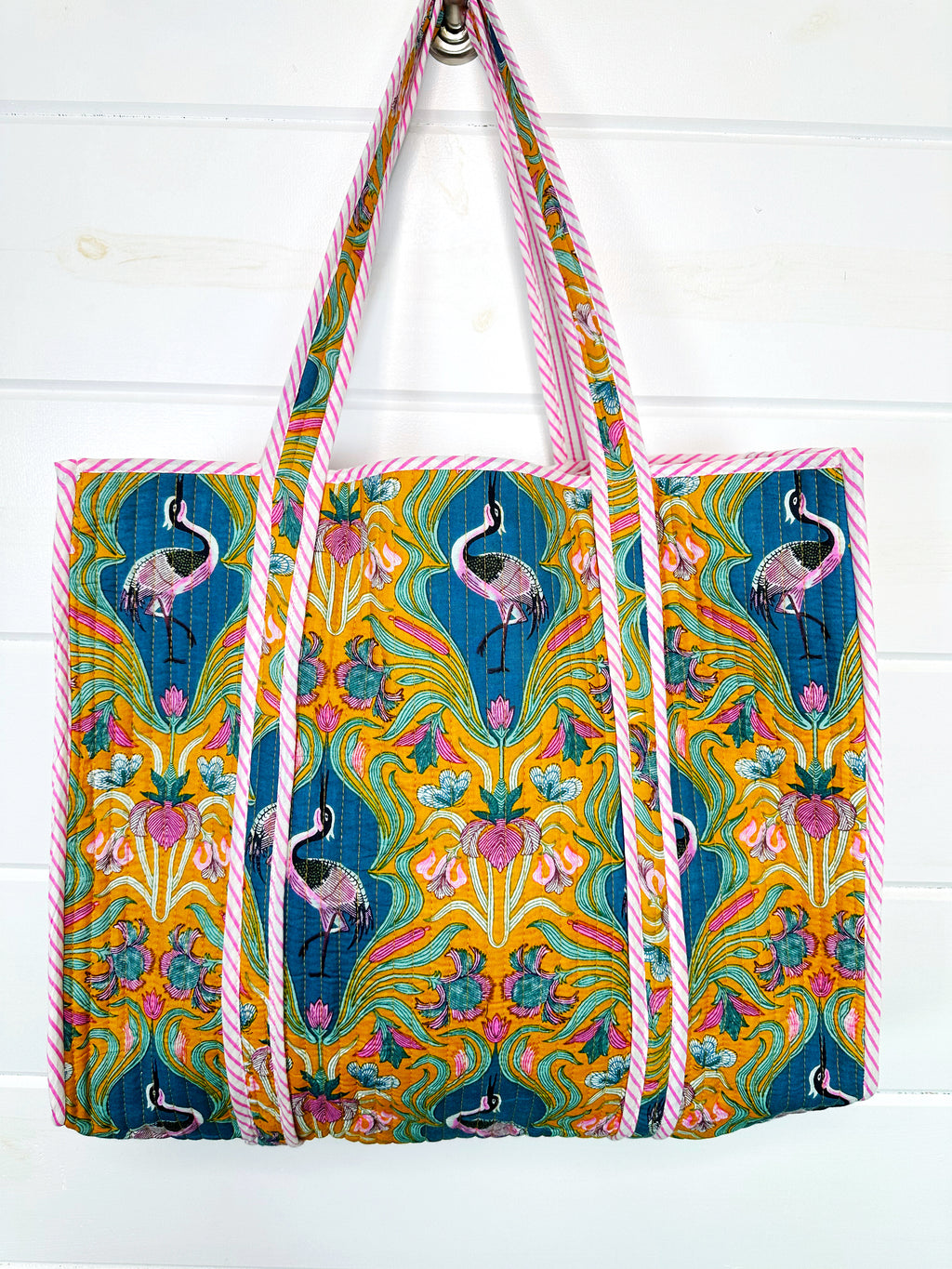 Yellow Peacock Print Quilted Cotton Reversible Large Tote Bag