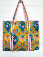 Yellow Peacock Print Quilted Cotton Reversible Large Tote Bag