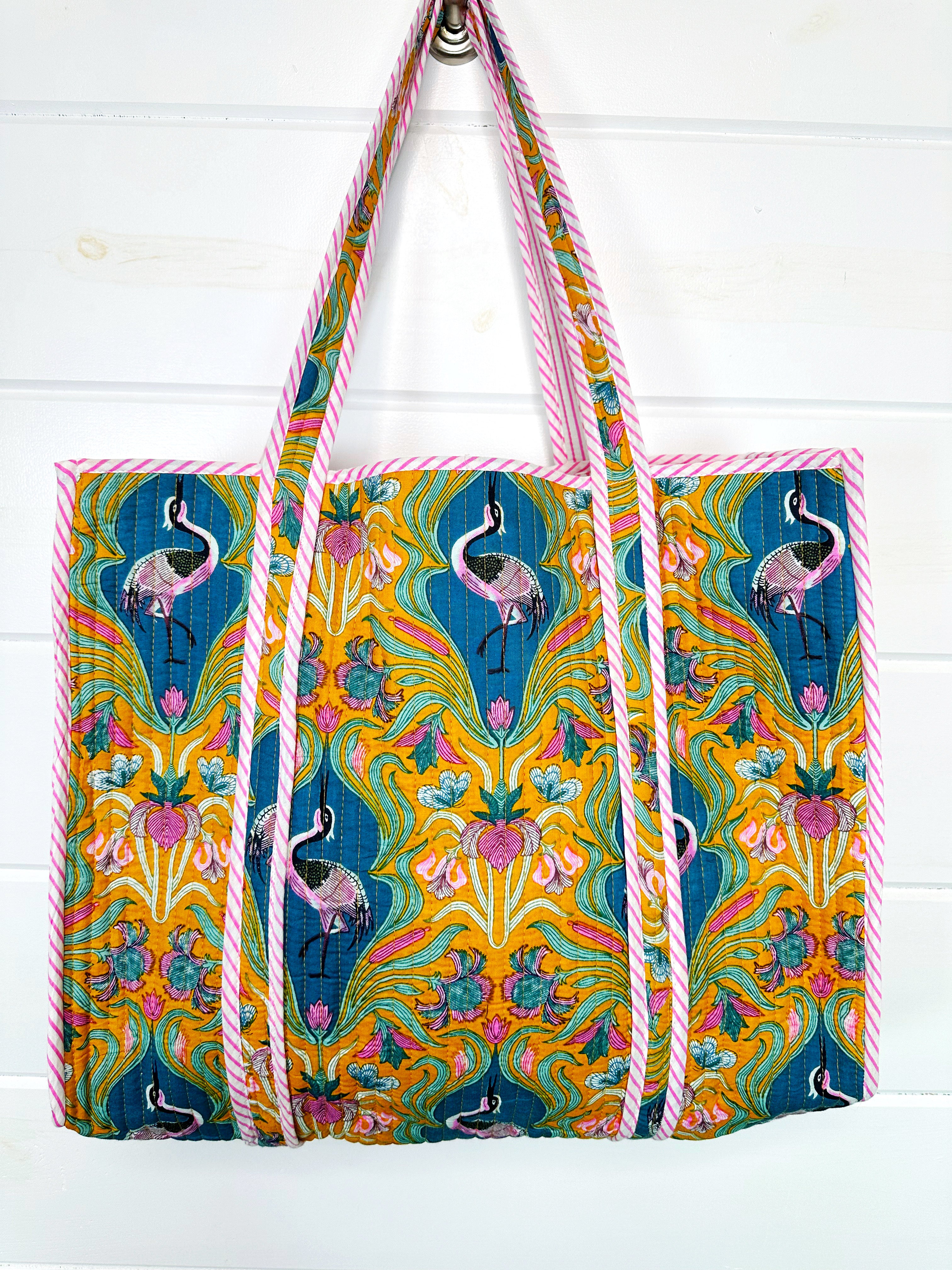 Yellow Peacock Print Quilted Cotton Reversible Large Tote Bag