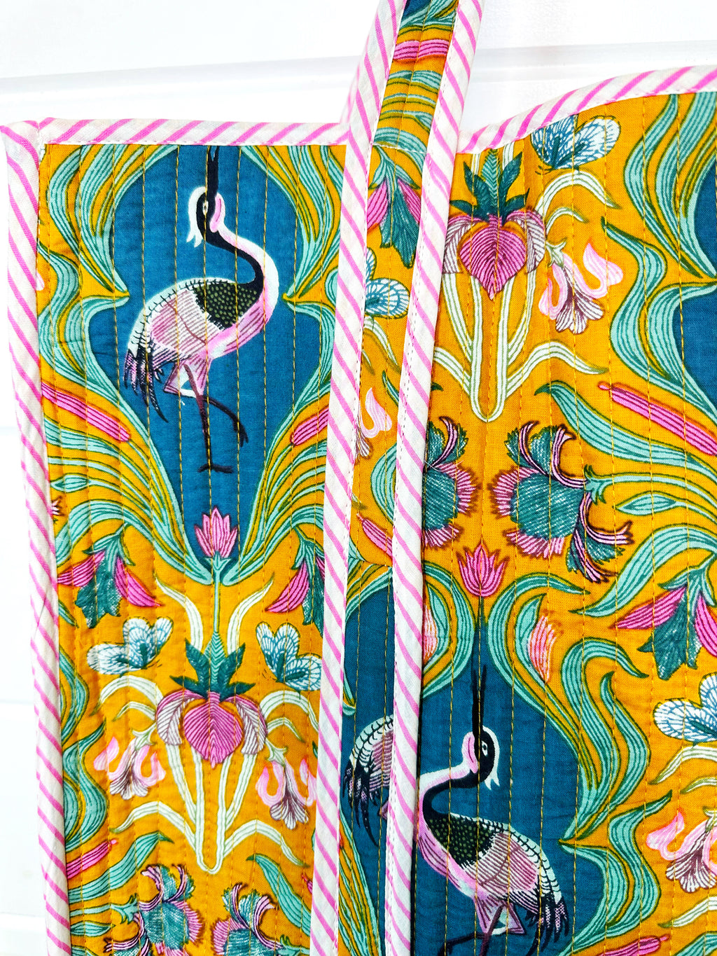 Yellow Peacock Print Quilted Cotton Reversible Large Tote Bag
