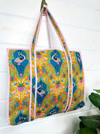 Yellow Peacock Print Quilted Cotton Reversible Large Tote Bag