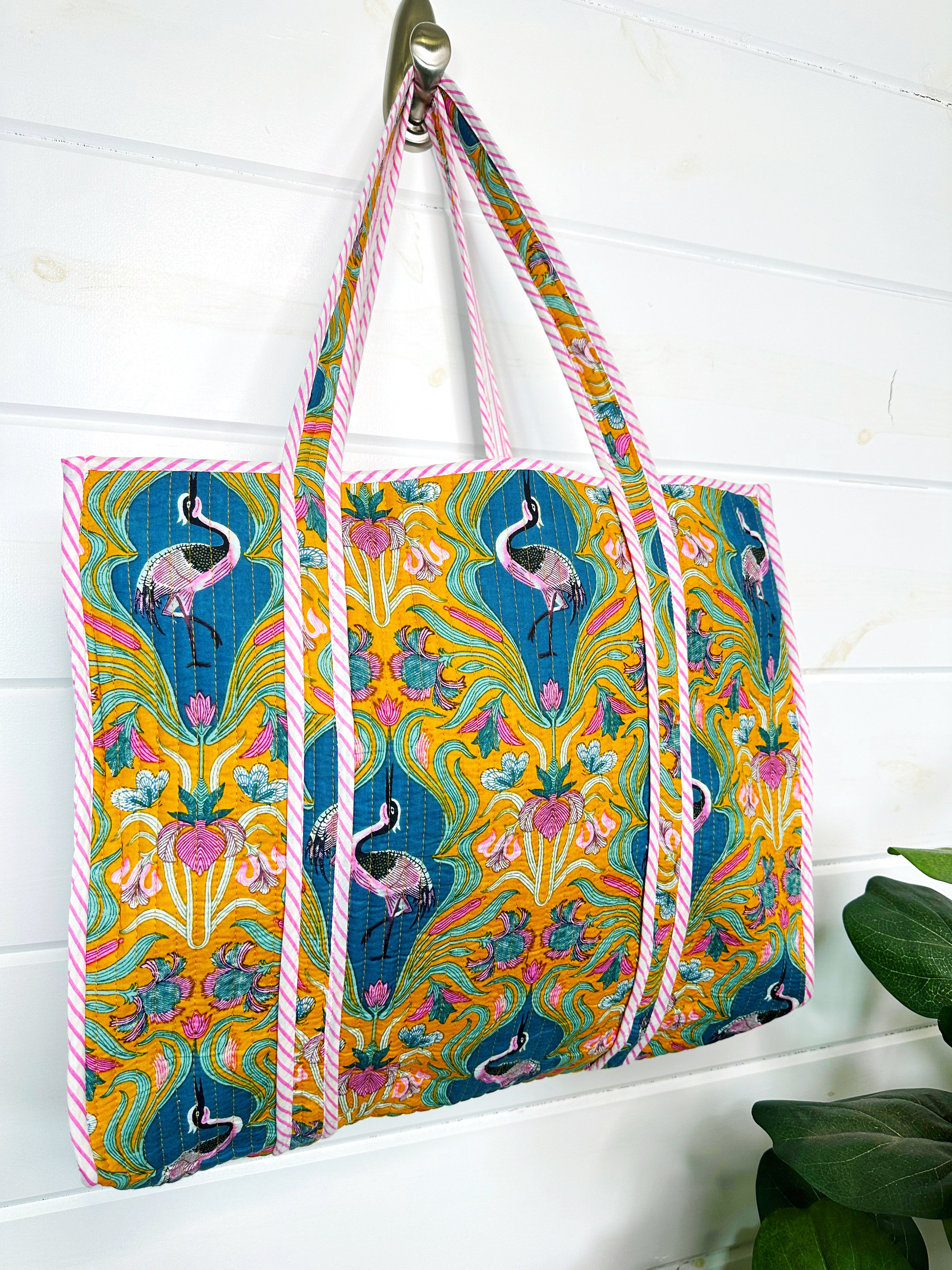 Yellow Peacock Print Quilted Cotton Reversible Large Tote Bag