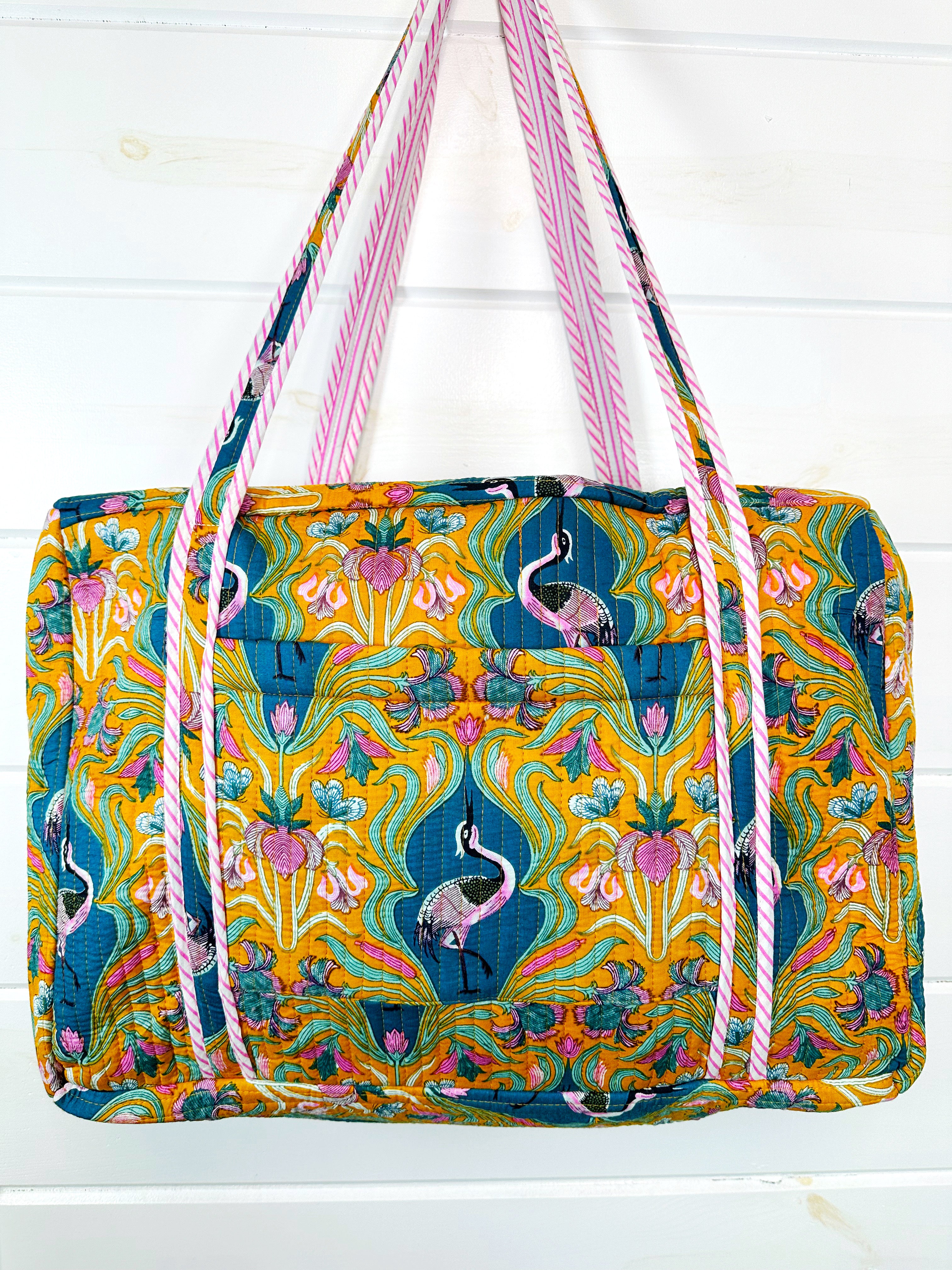 Yellow Peacock Print Quilted Weekender Overnight Bag