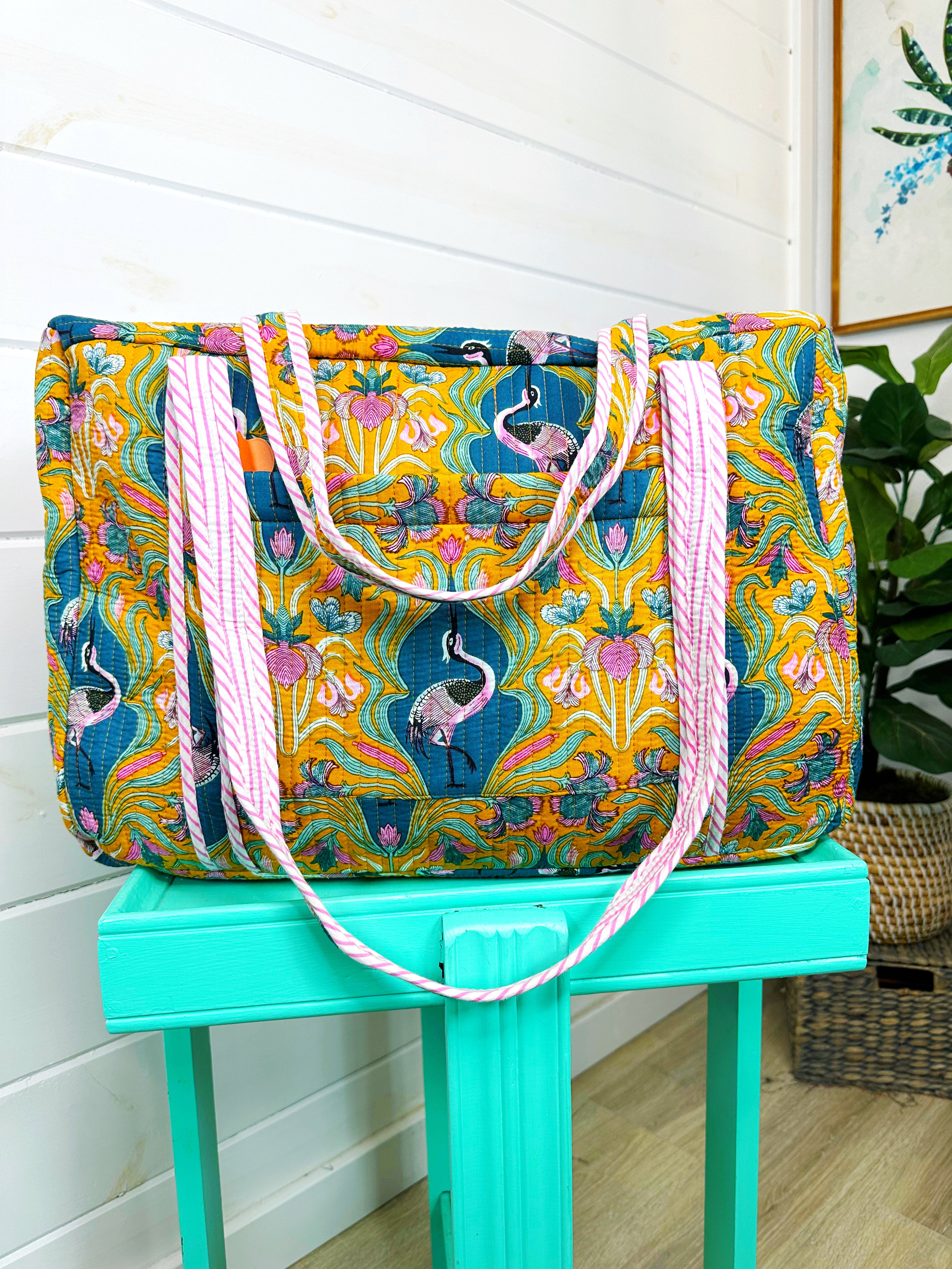 Yellow Peacock Print Quilted Weekender Overnight Bag
