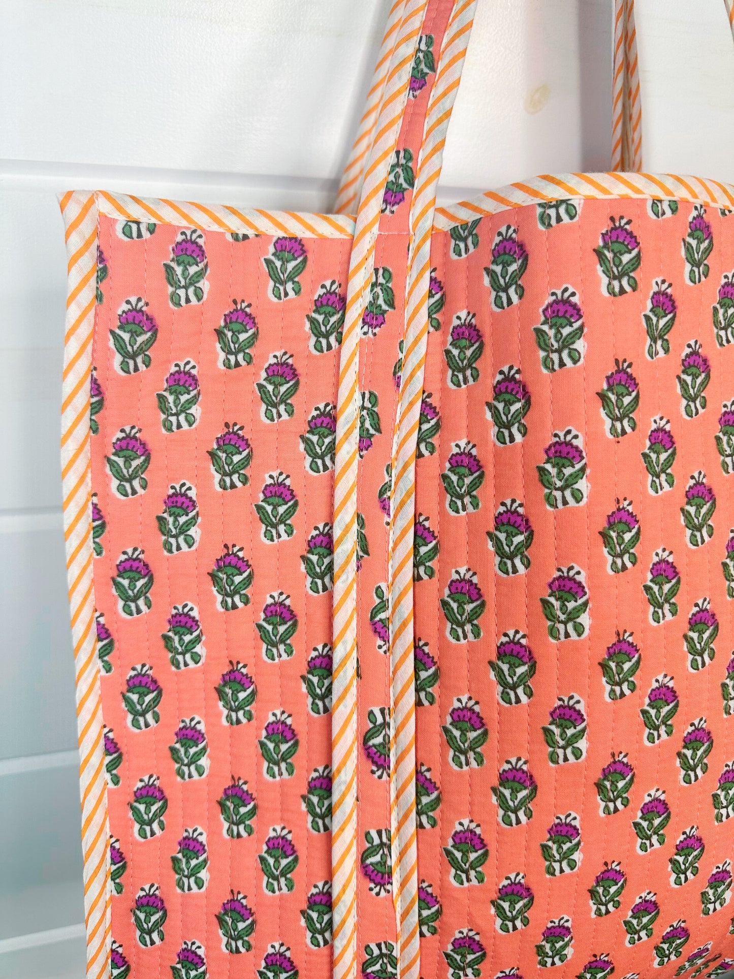 Coral Floral Print Quilted Cotton Reversible Large Tote Bag