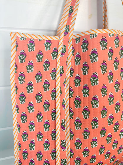 Coral Floral Print Quilted Cotton Reversible Large Tote Bag