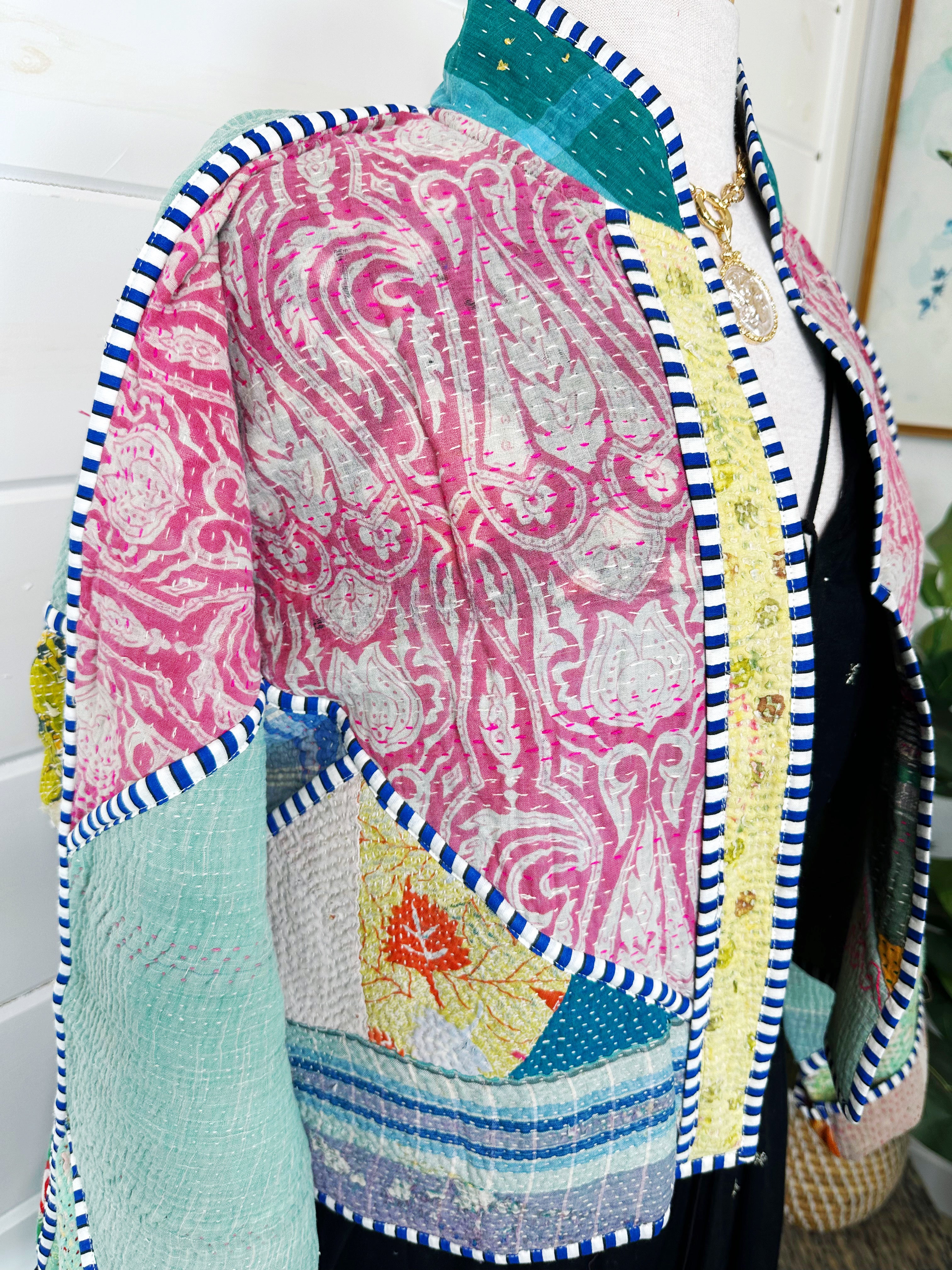 Boho Patchwork Kantha Jacket – Handmade Quilted & Reversible Blanket Coat