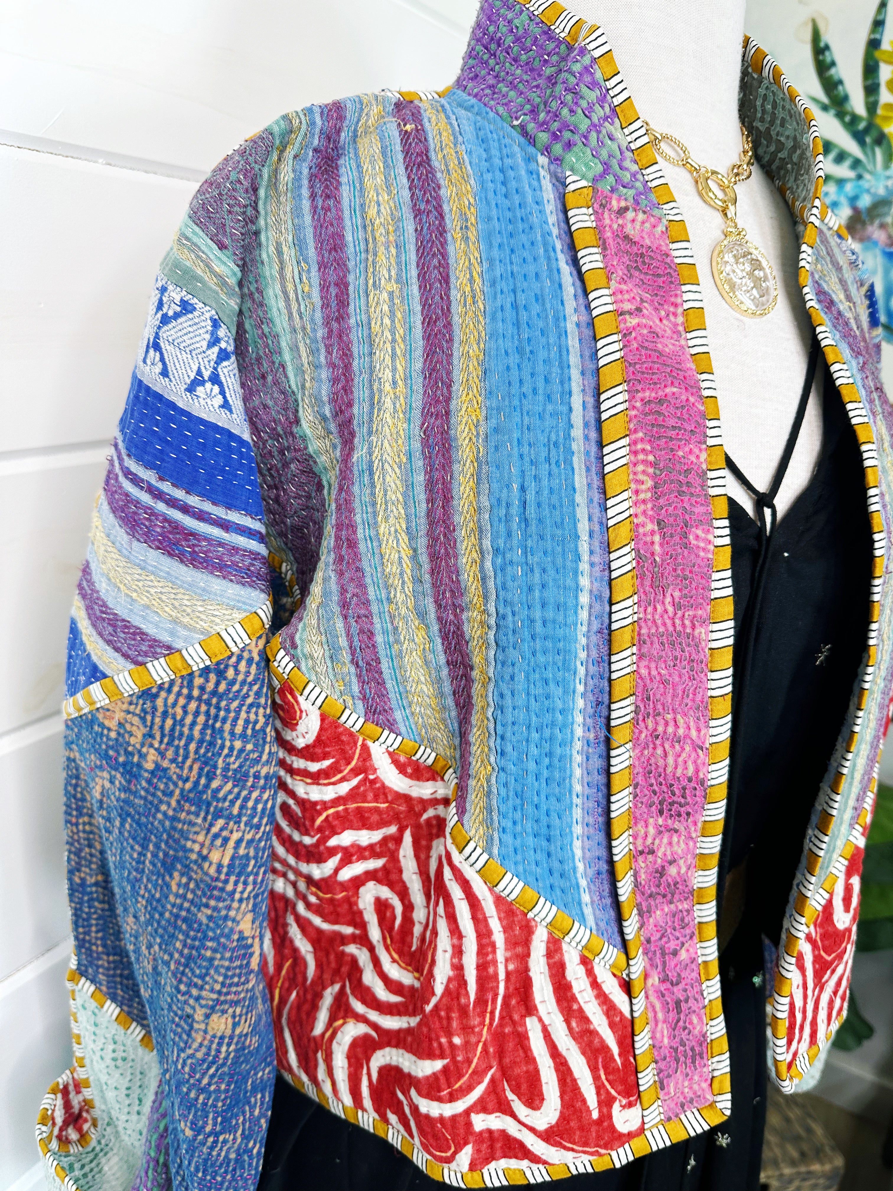 Boho Patchwork Kantha Jacket – Handmade Quilted & Reversible Blanket Coat