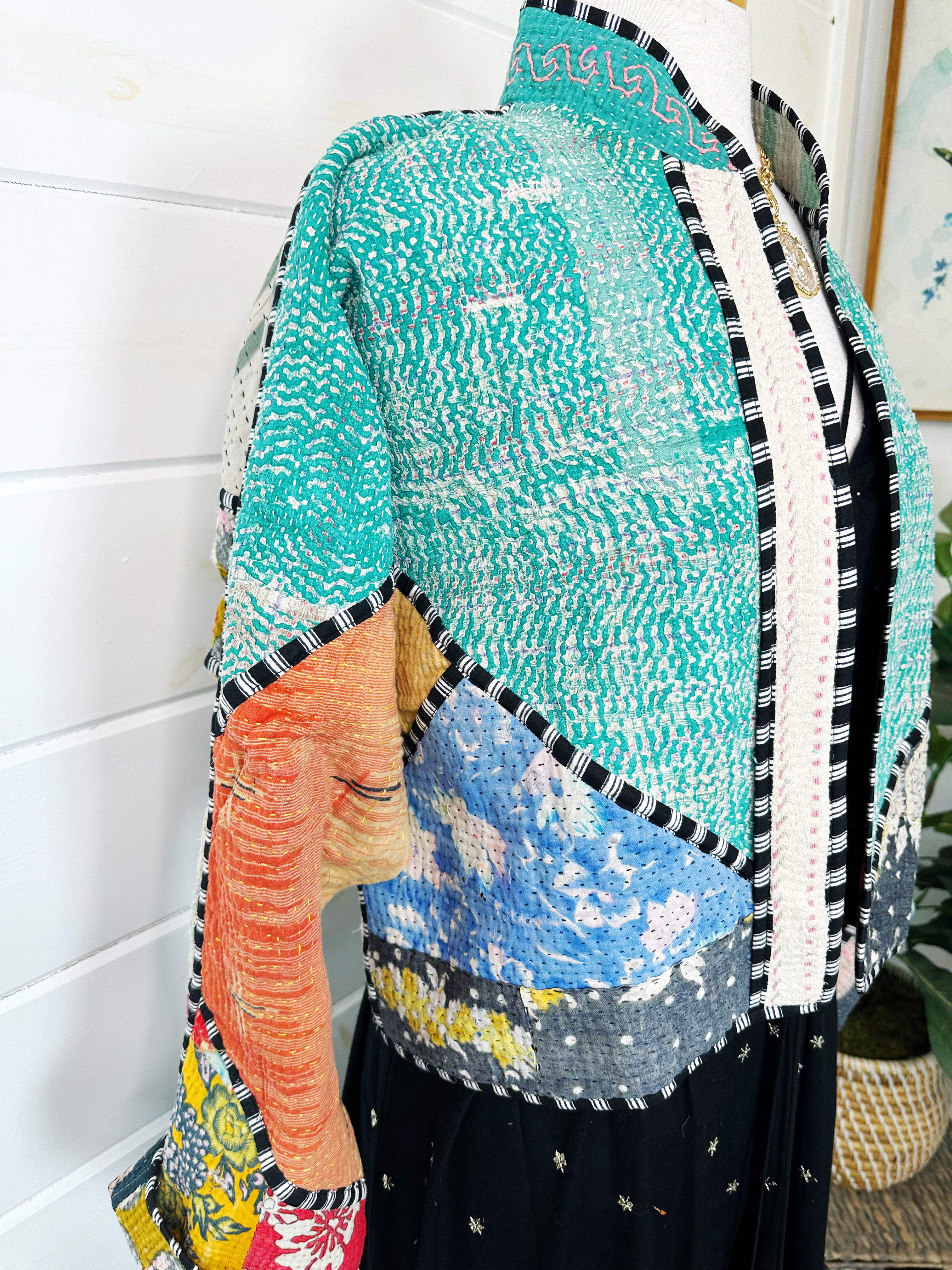 Boho Patchwork Kantha Jacket – Handmade Quilted & Reversible Blanket Coat