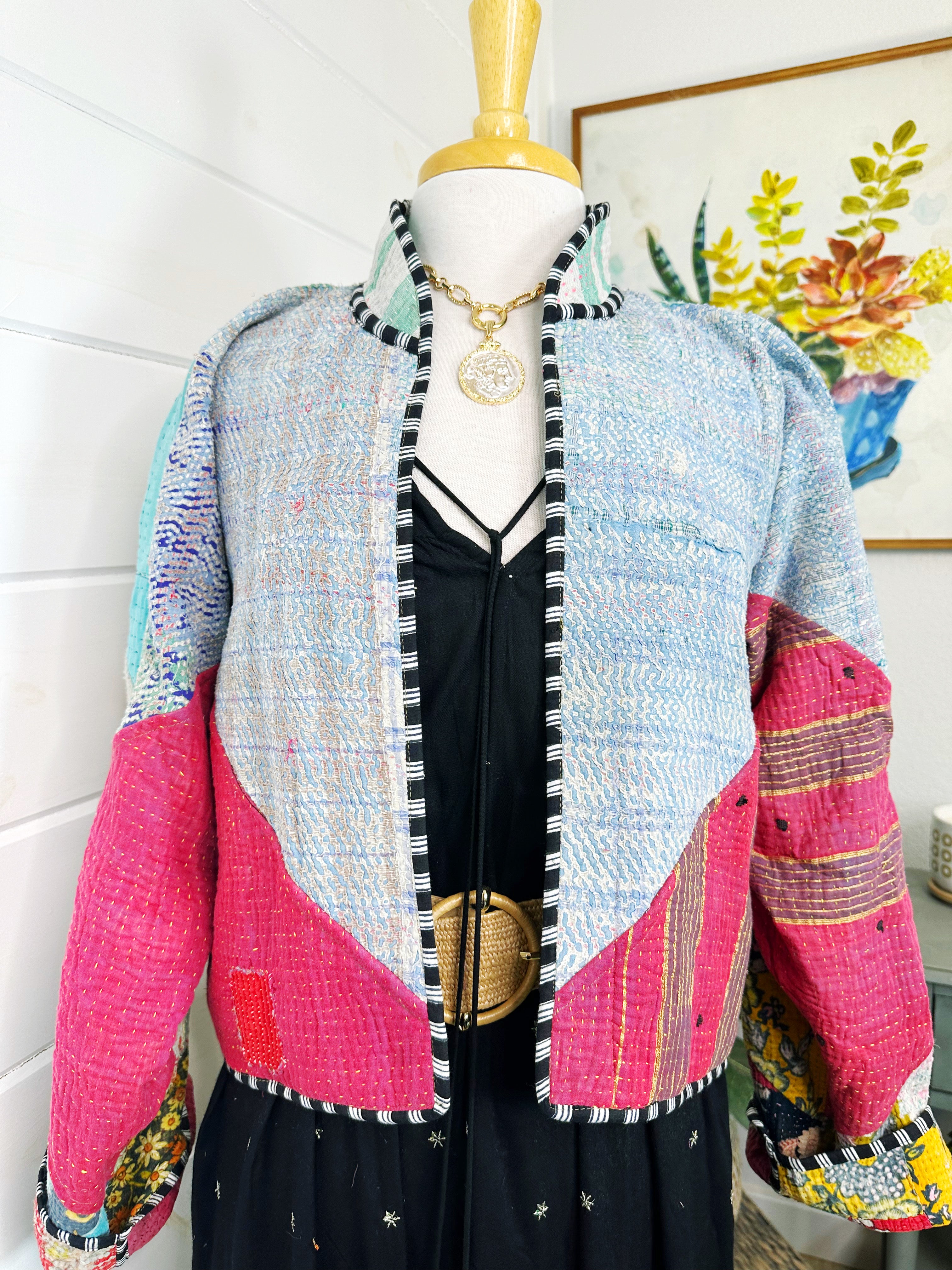 Boho Patchwork Kantha Jacket – Handmade Quilted & Reversible Blanket Coat