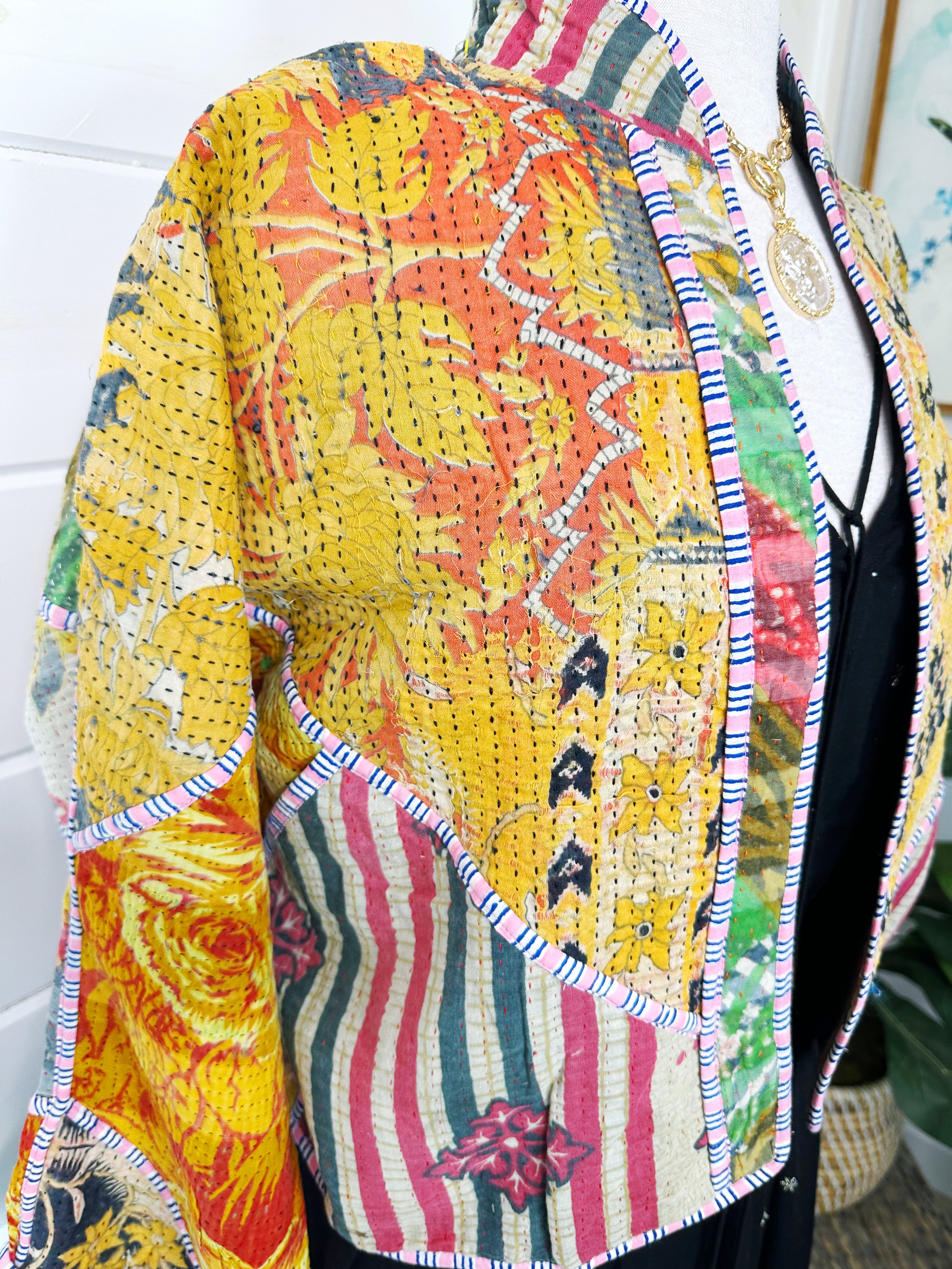 Boho Patchwork Kantha Jacket – Handmade Quilted & Reversible Blanket Coat