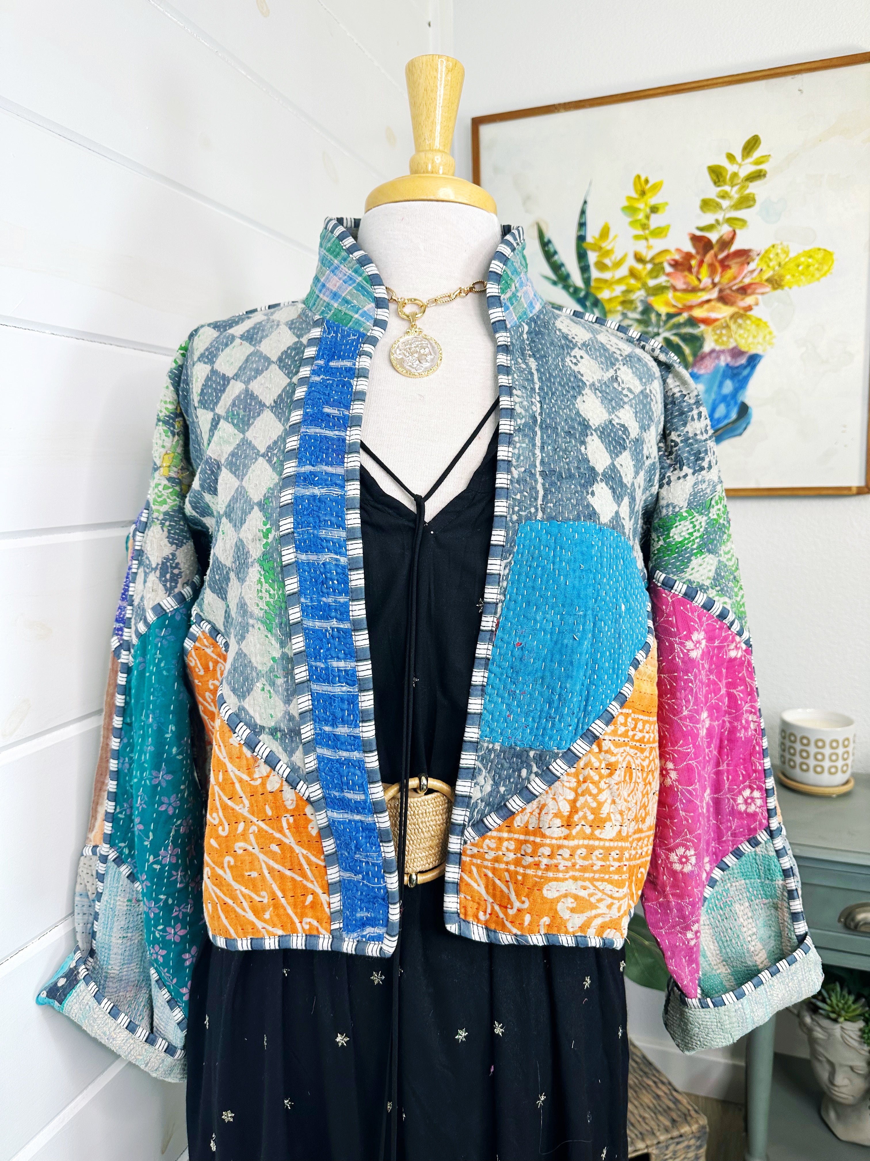 Boho Patchwork Kantha Jacket – Handmade Quilted & Reversible Blanket Coat