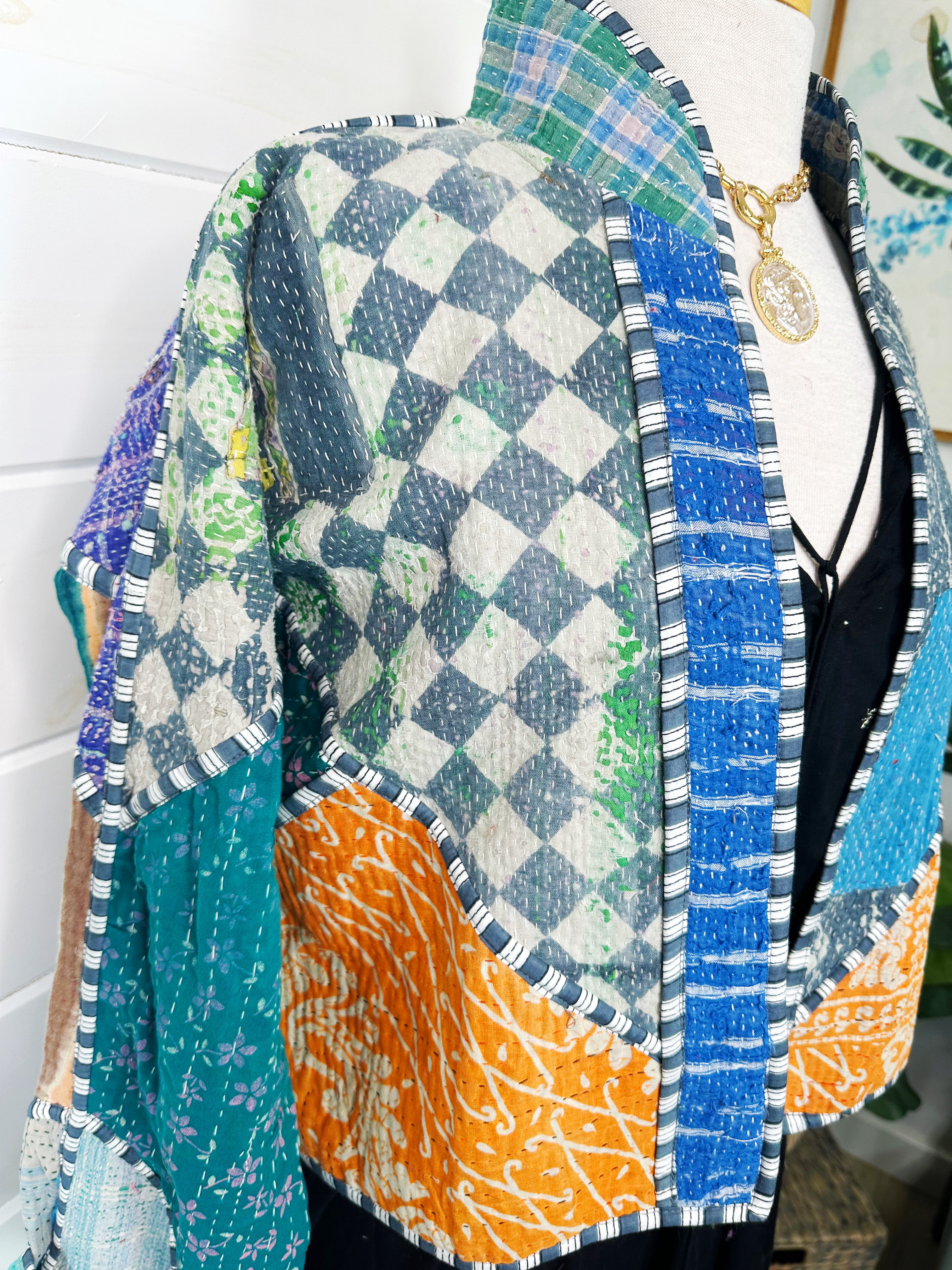 Boho Patchwork Kantha Jacket – Handmade Quilted & Reversible Blanket Coat