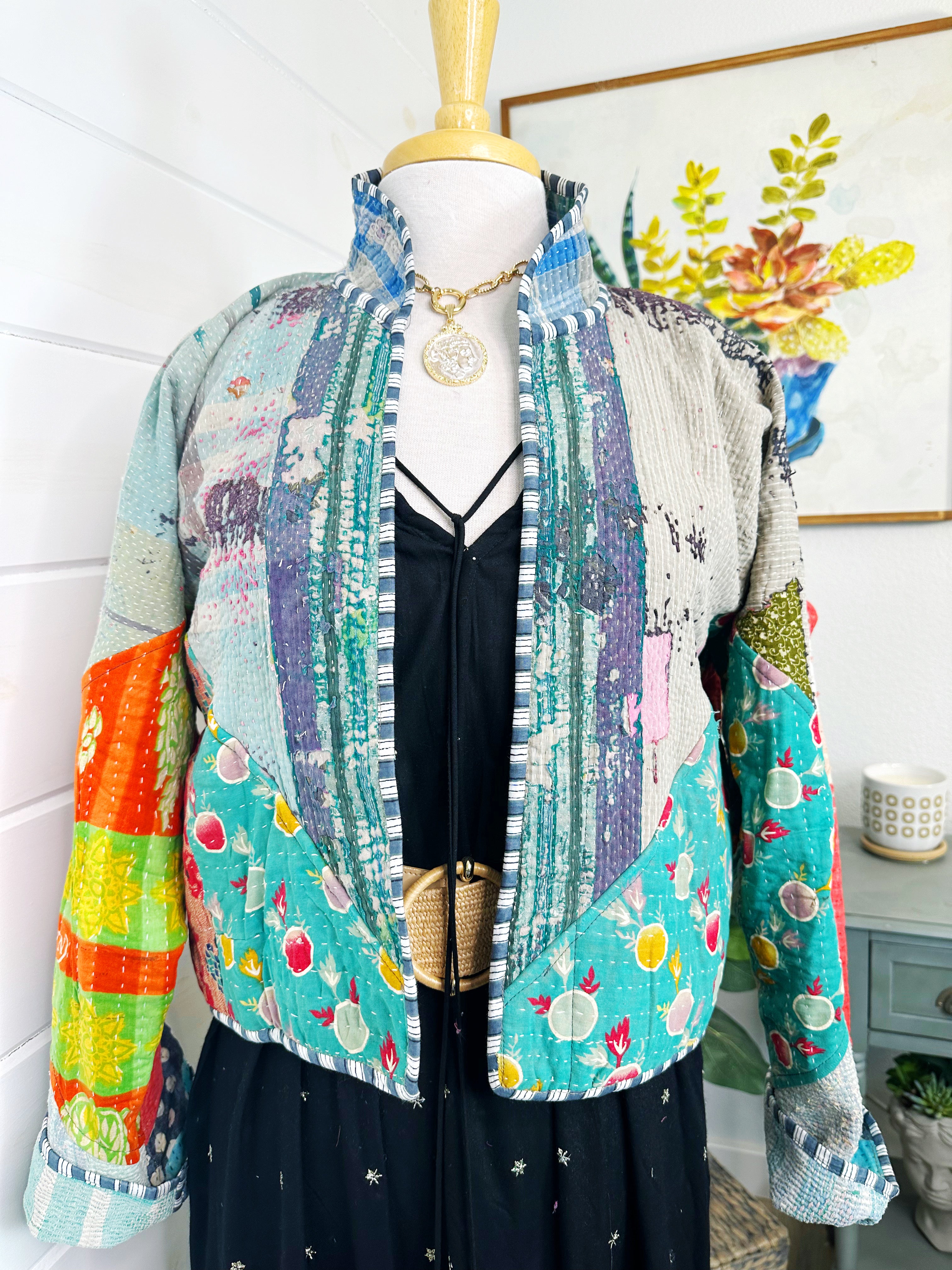 Boho Patchwork Kantha Jacket – Handmade Quilted & Reversible Blanket Coat
