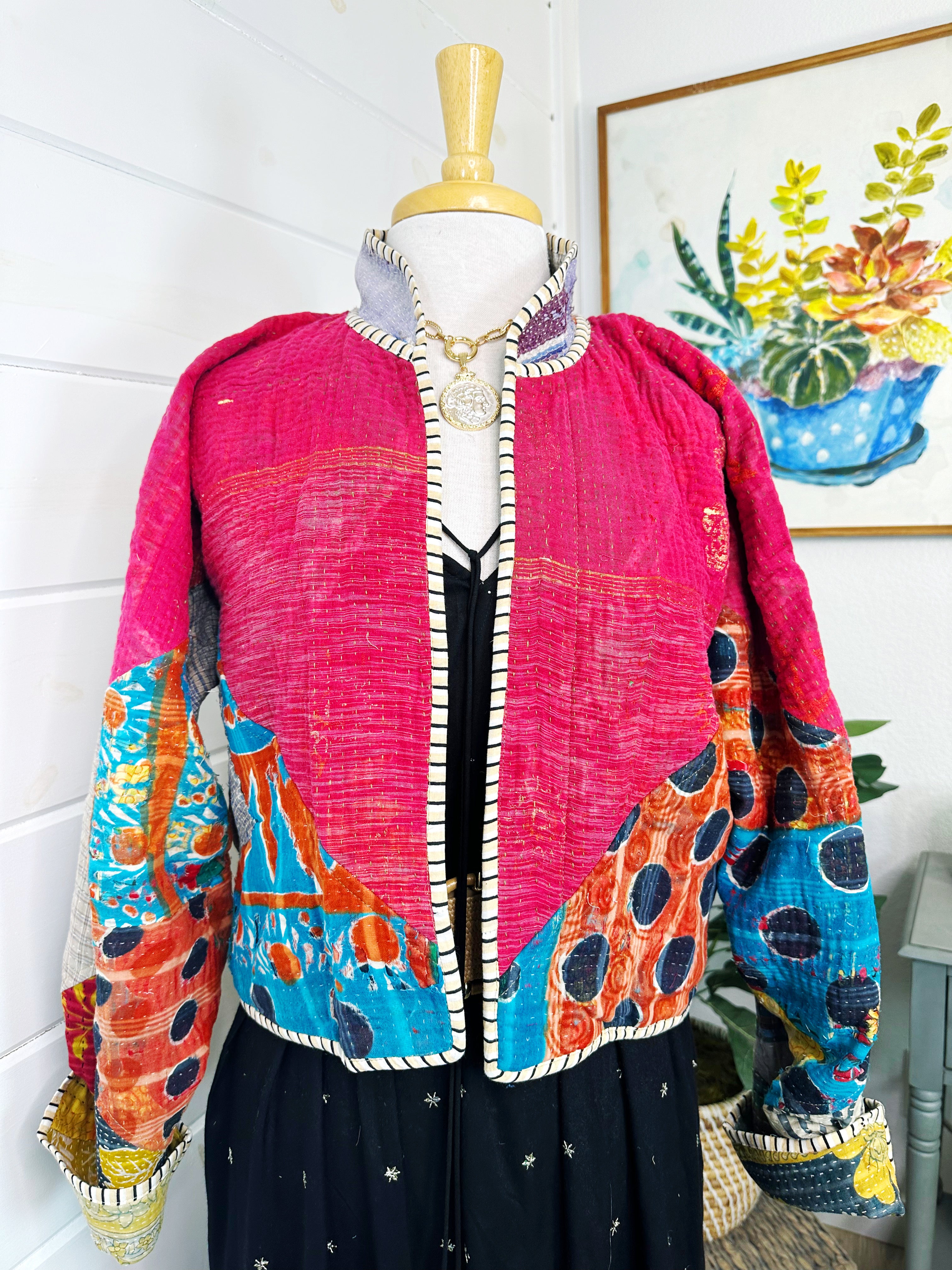 Boho Patchwork Kantha Jacket – Handmade Quilted & Reversible Blanket Coat