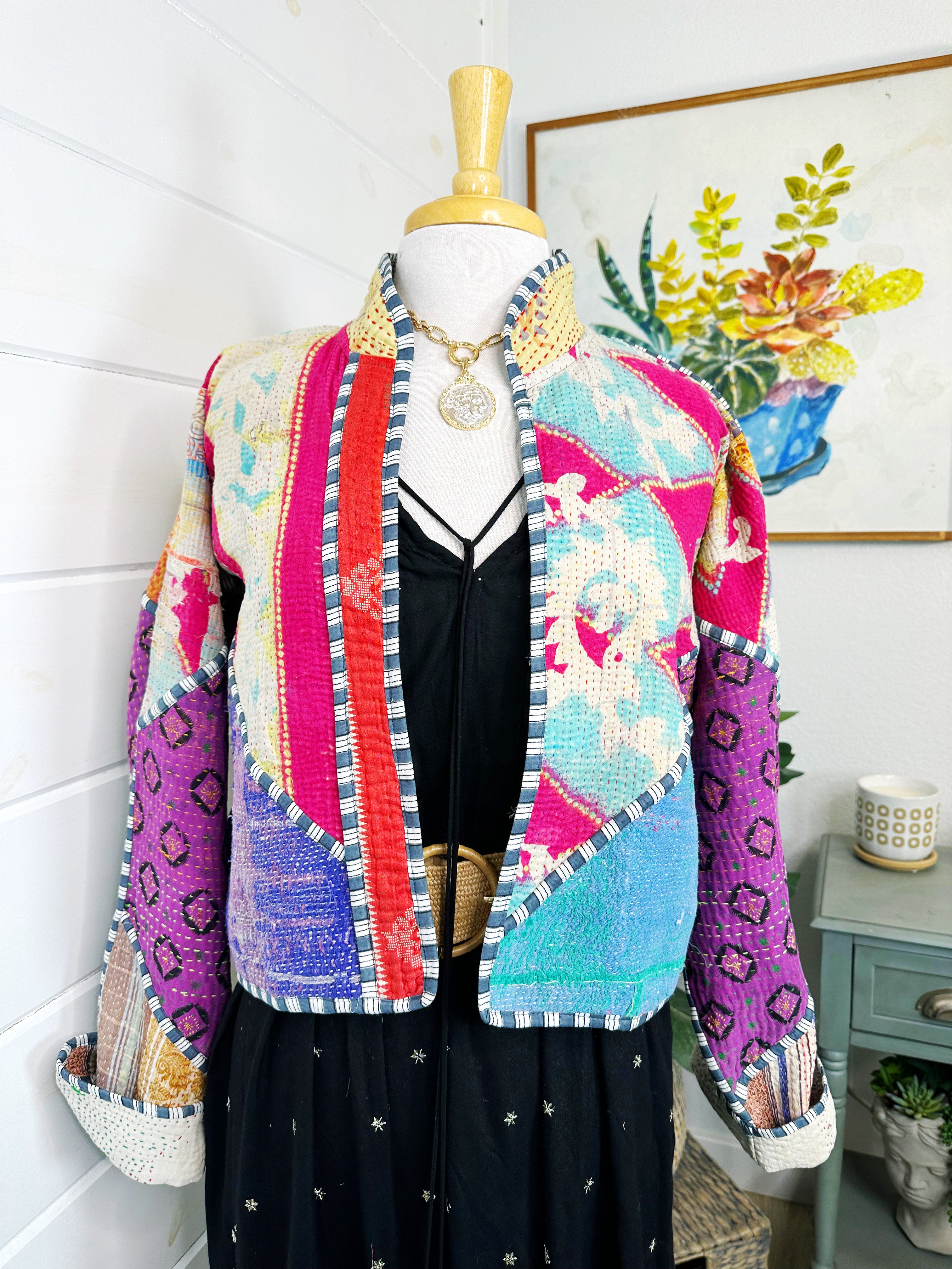 Boho Patchwork Kantha Jacket – Handmade Quilted & Reversible Blanket Coat