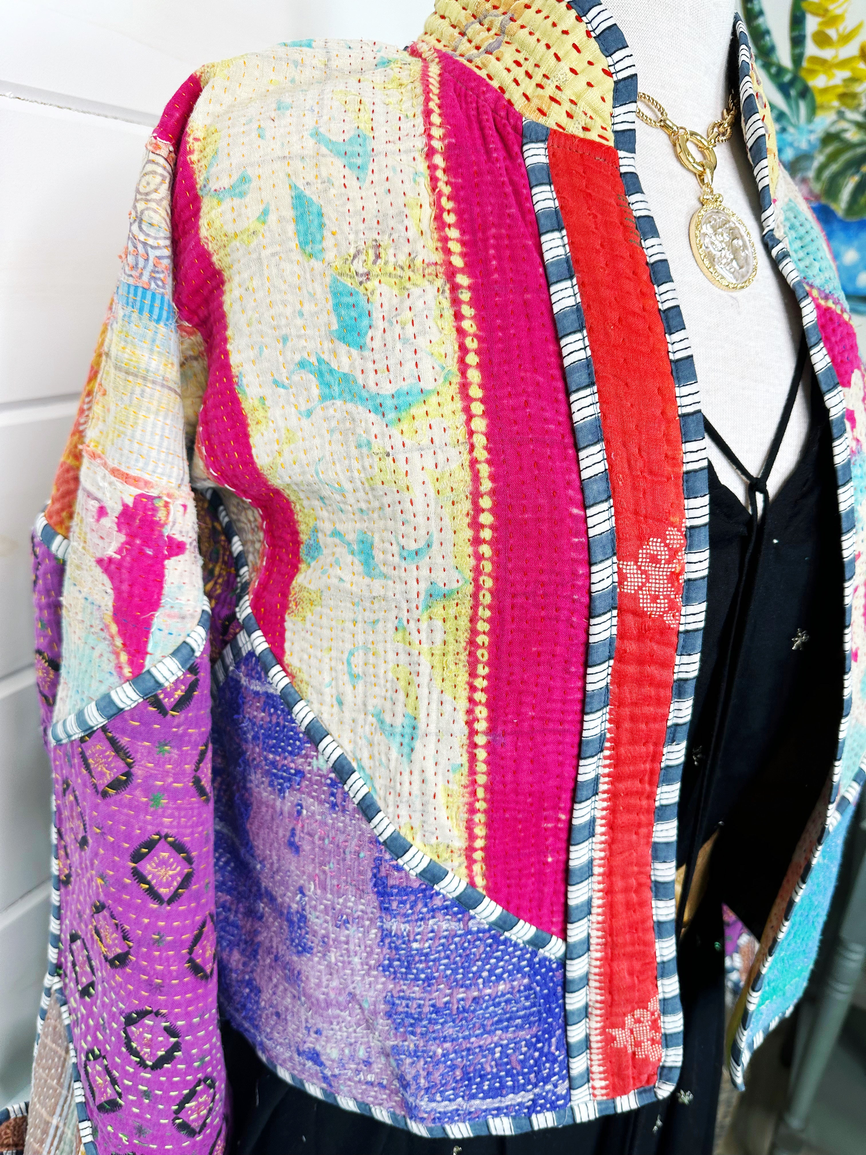 Boho Patchwork Kantha Jacket – Handmade Quilted & Reversible Blanket Coat