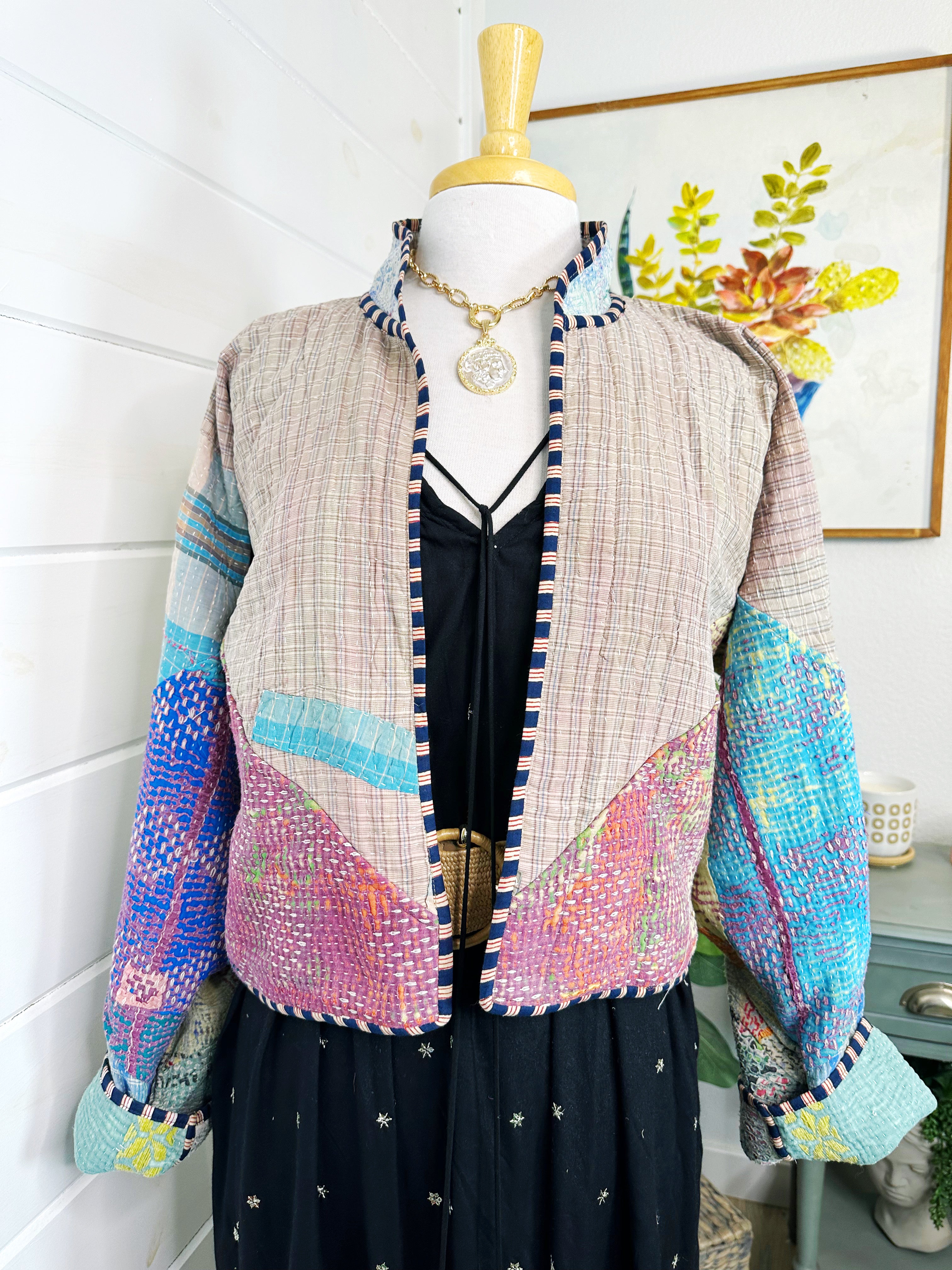 Boho Patchwork Kantha Jacket – Handmade Quilted & Reversible Blanket Coat