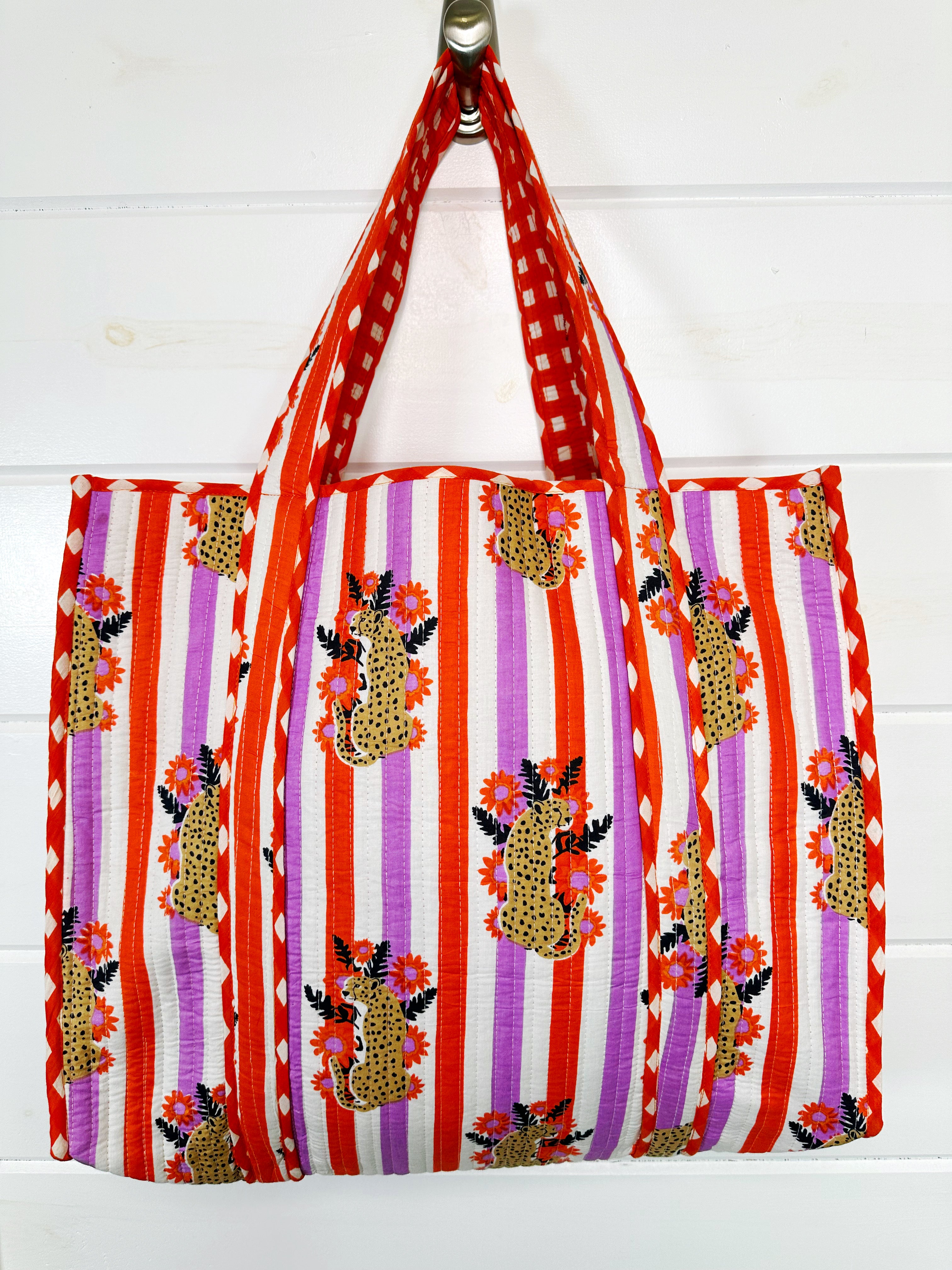 Orange and Purple Jaguar Print Quilted Cotton Tote Bag