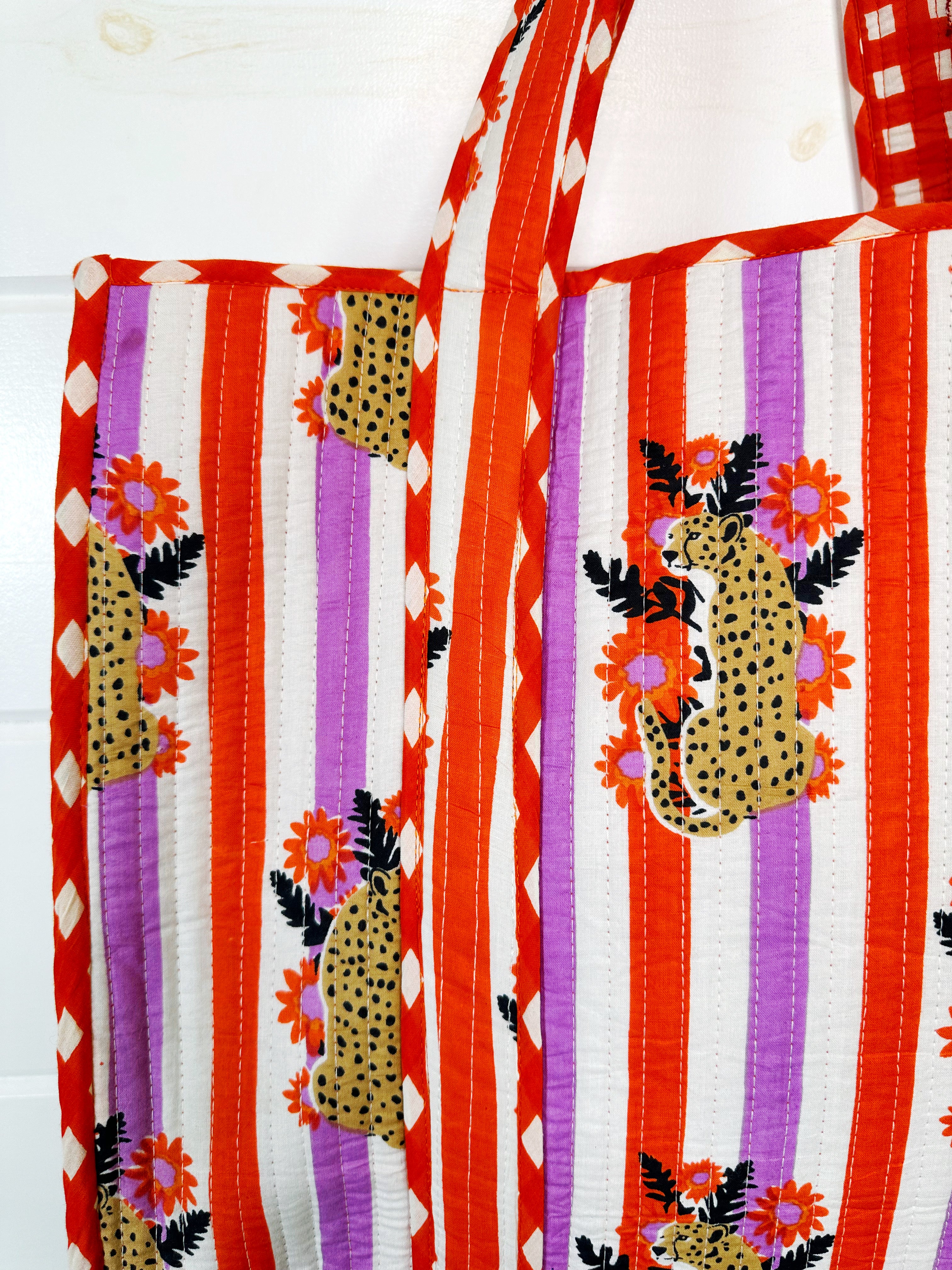 Orange and Purple Jaguar Print Quilted Cotton Tote Bag