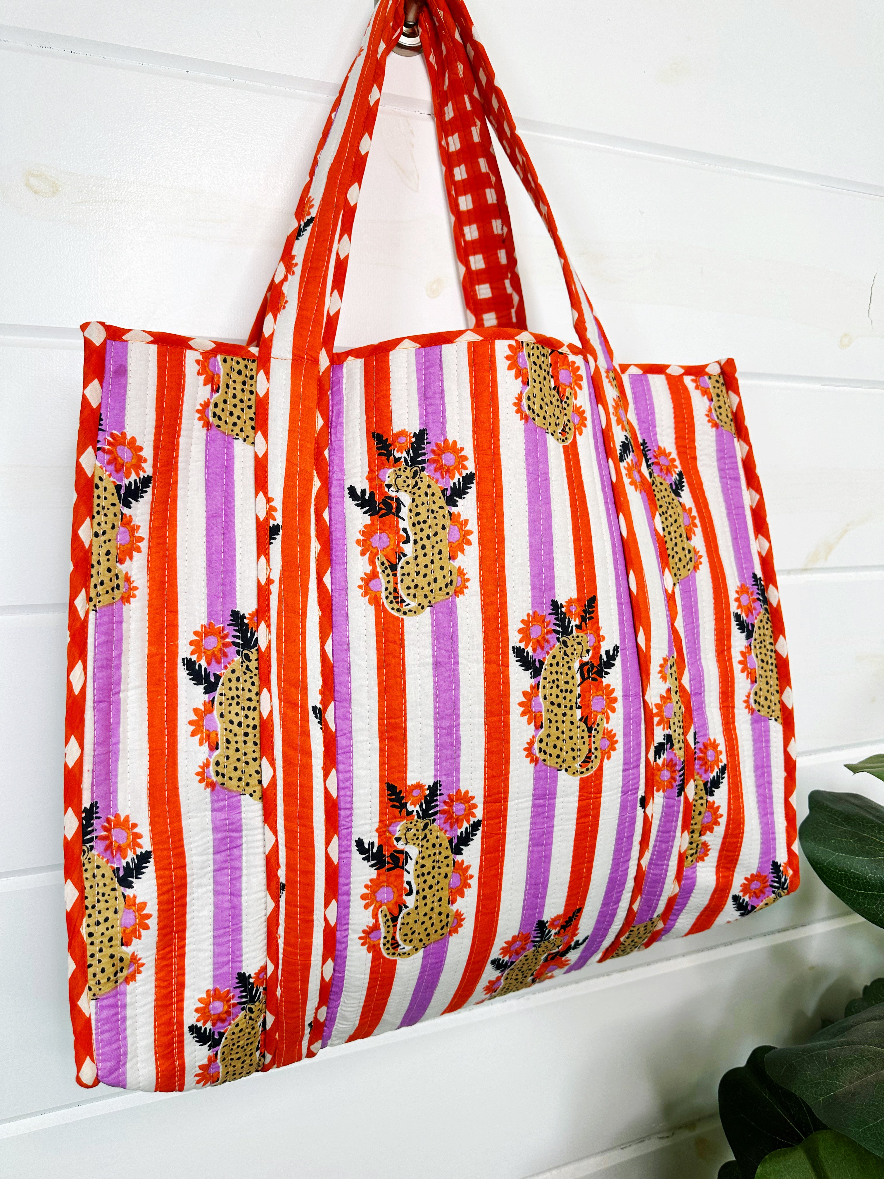 Orange and Purple Jaguar Print Quilted Cotton Tote Bag