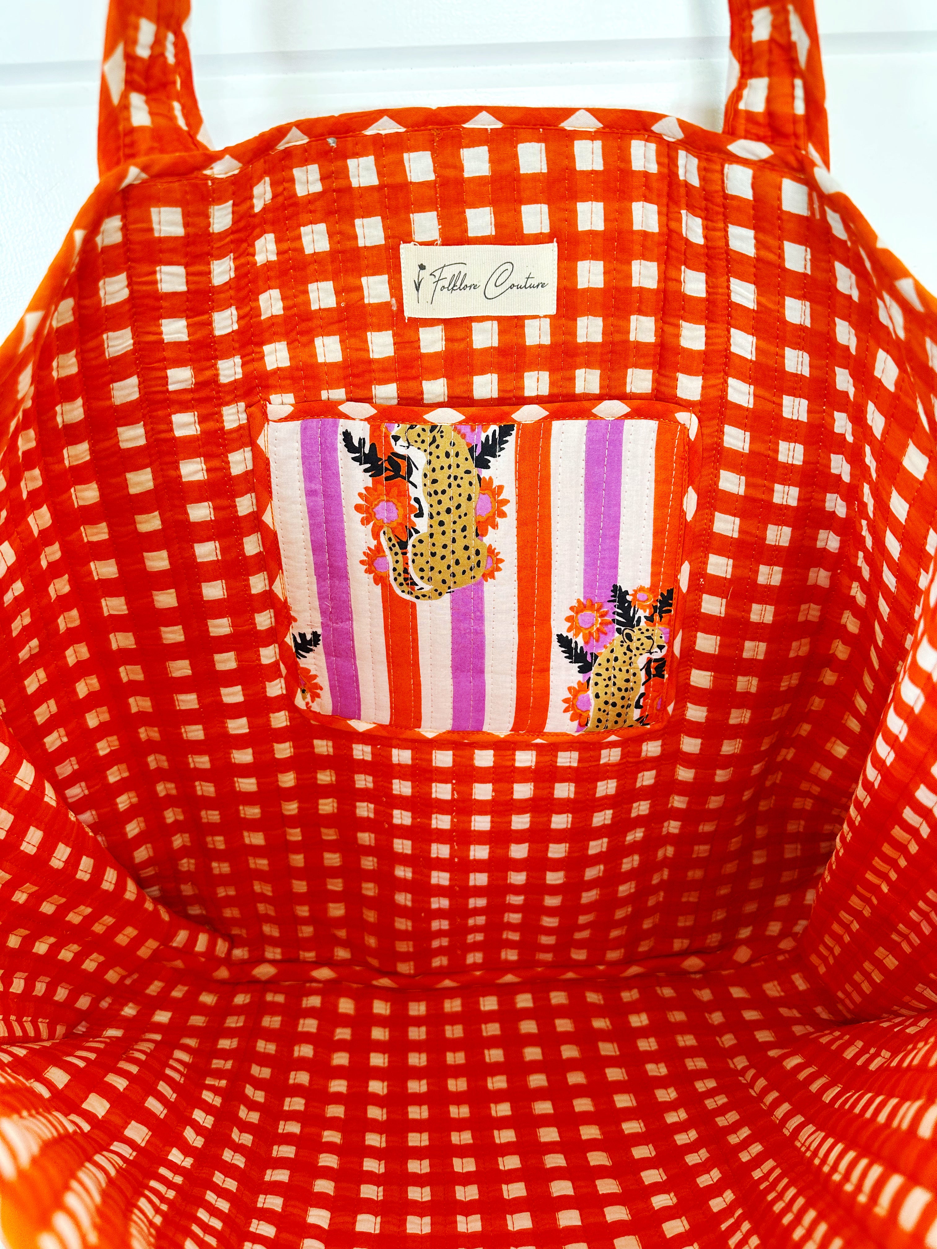 Orange and Purple Jaguar Print Quilted Cotton Tote Bag