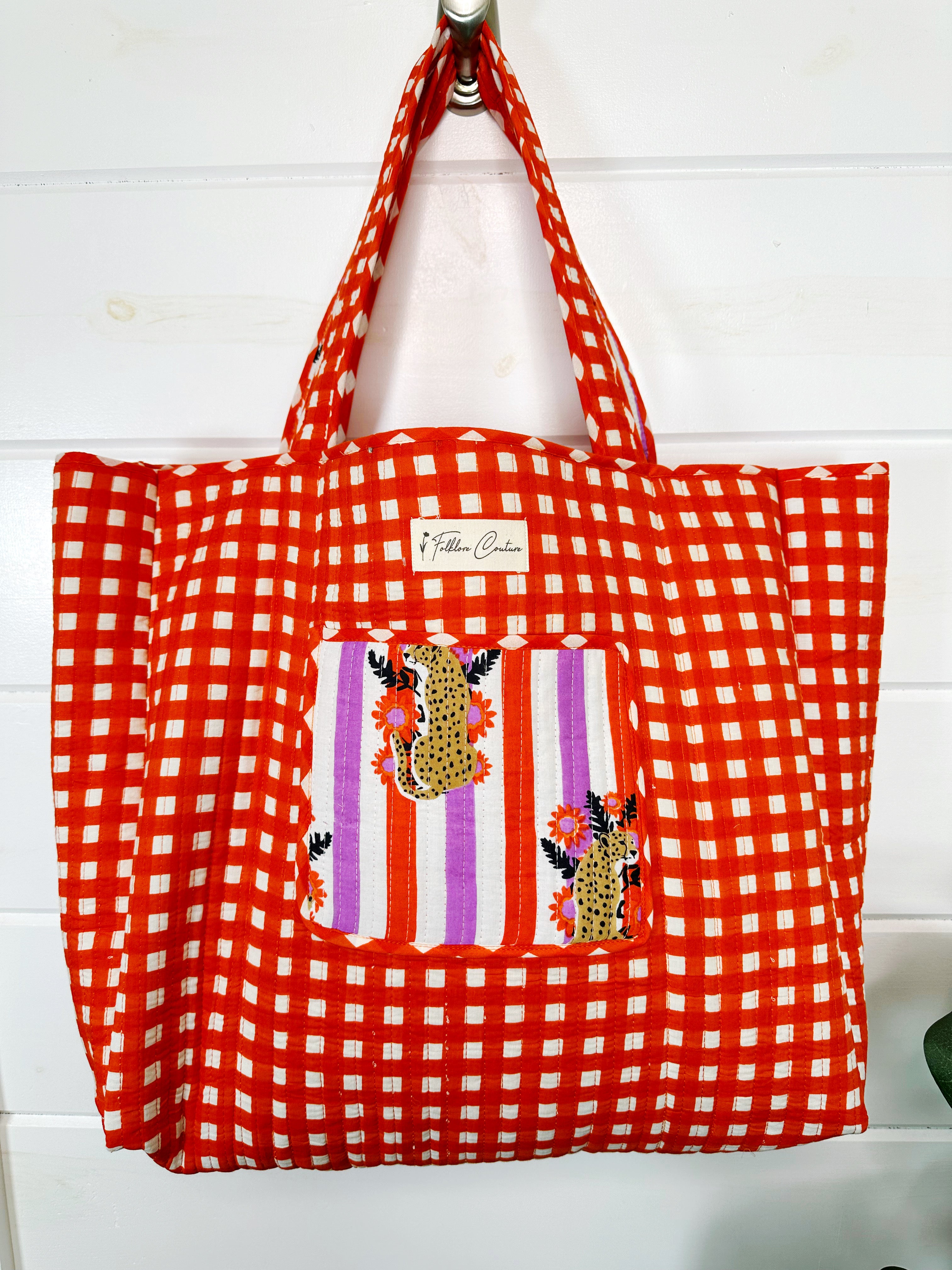 Orange and Purple Jaguar Print Quilted Cotton Tote Bag