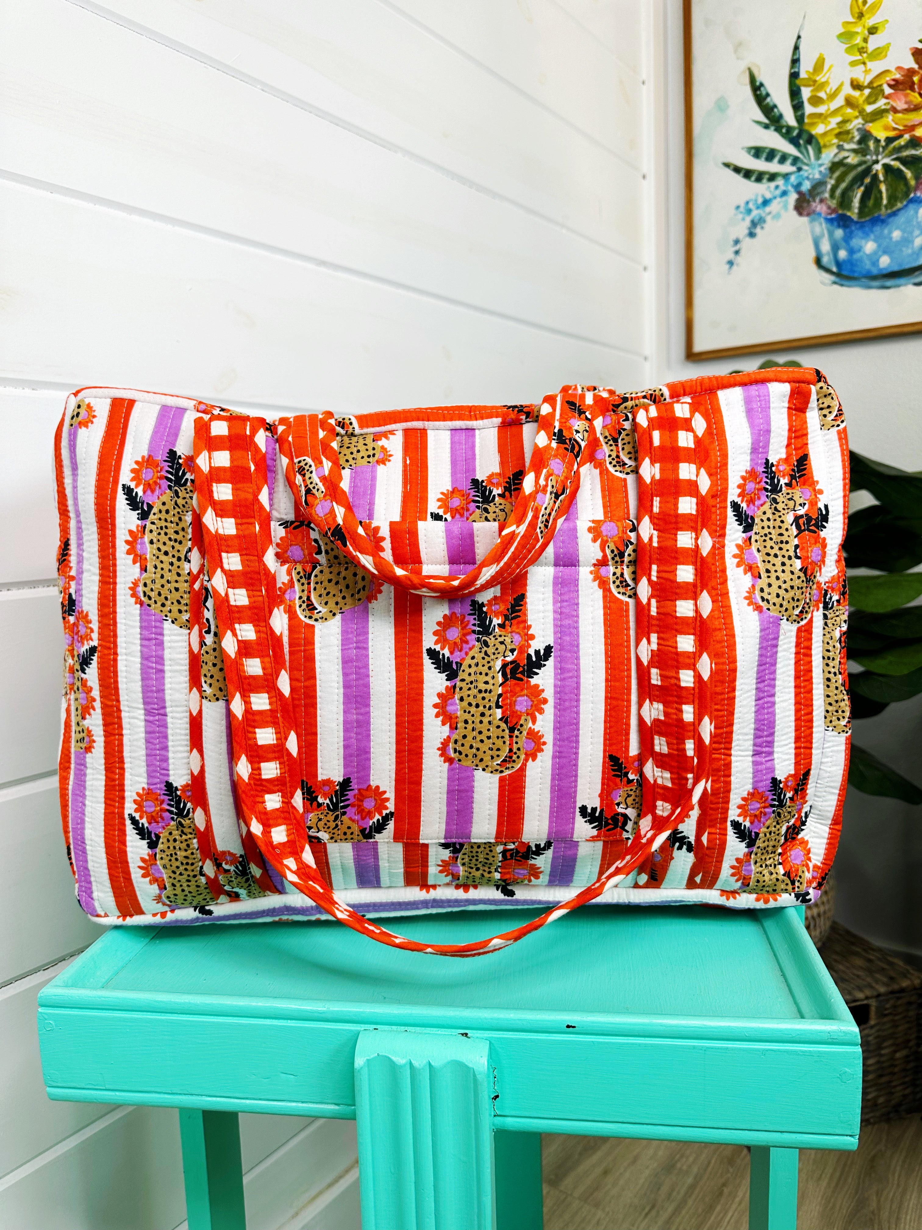Orange and Purple Jaguar Print Quilted Weekender Overnight Bag