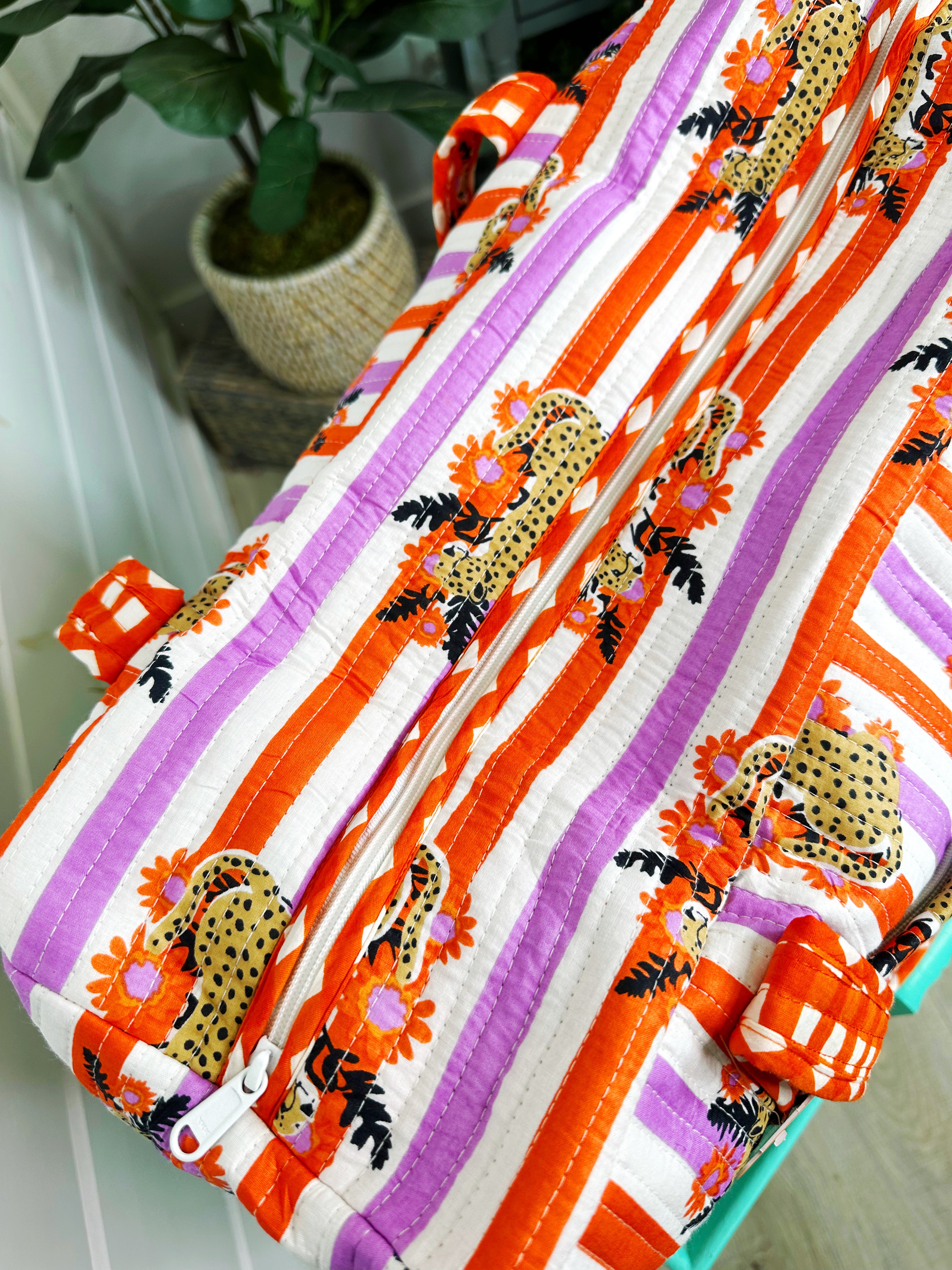 Orange and Purple Jaguar Print Quilted Weekender Overnight Bag