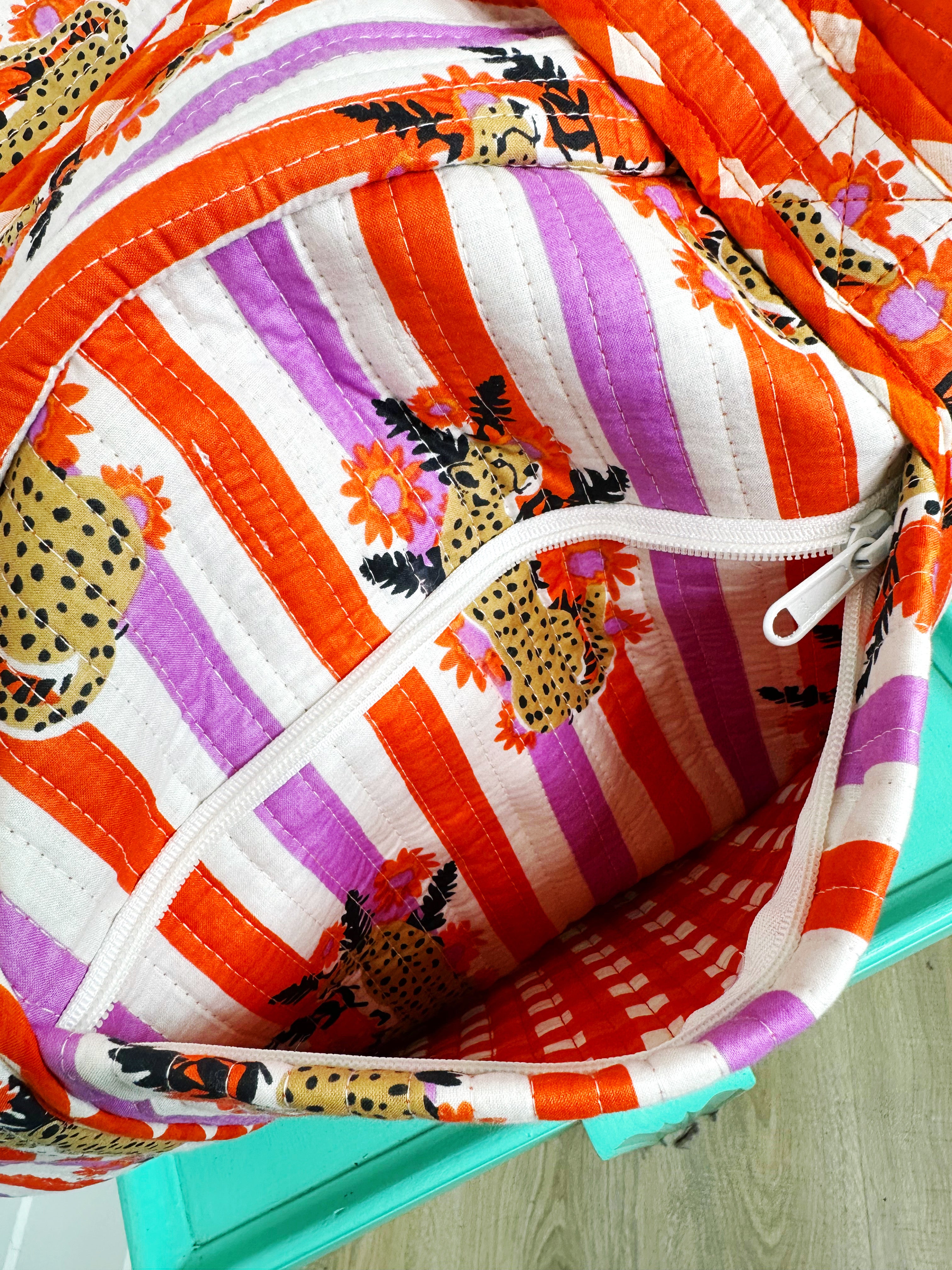 Orange and Purple Jaguar Print Quilted Weekender Overnight Bag
