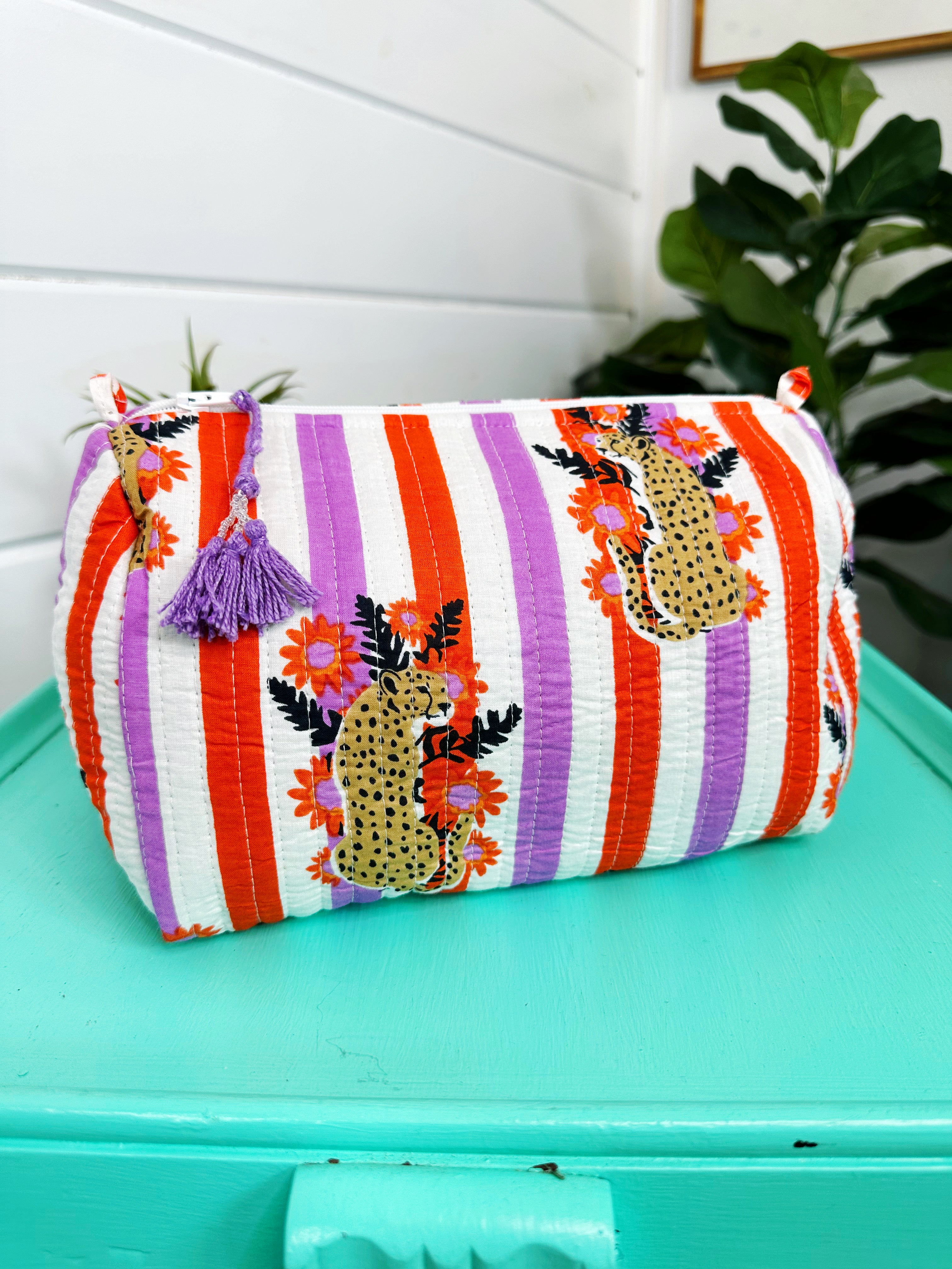Orange and Purple Jaguar Print Quilted Makeup Cosmetics Toiletry Bag