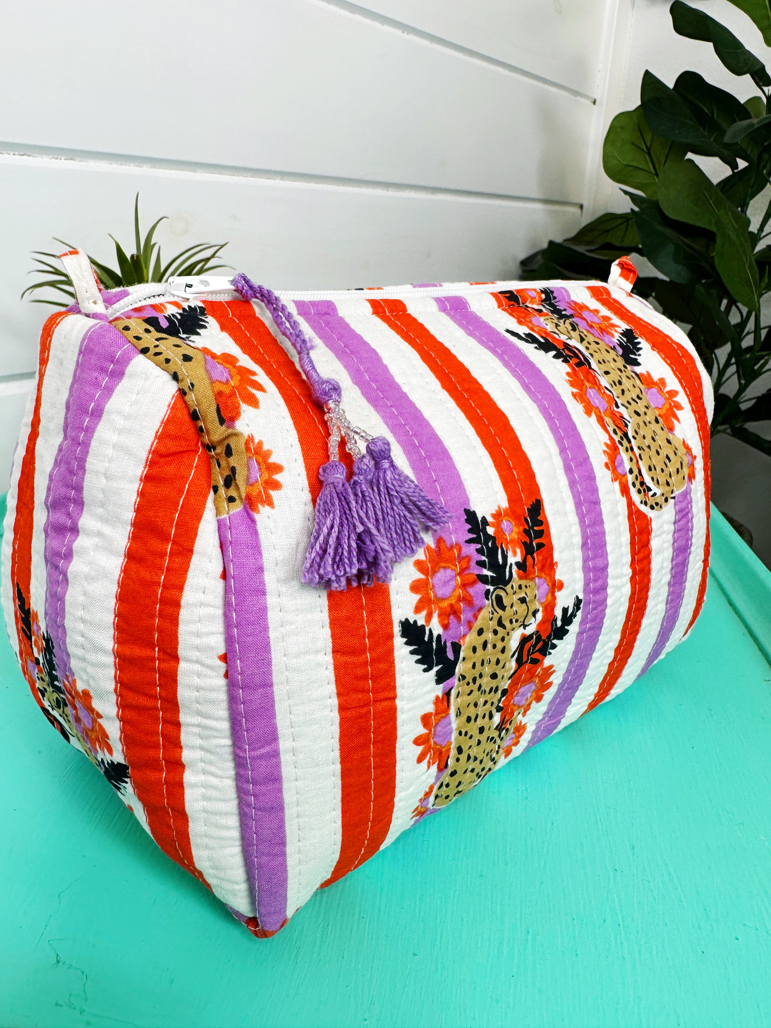Orange and Purple Jaguar Print Quilted Makeup Cosmetics Toiletry Bag