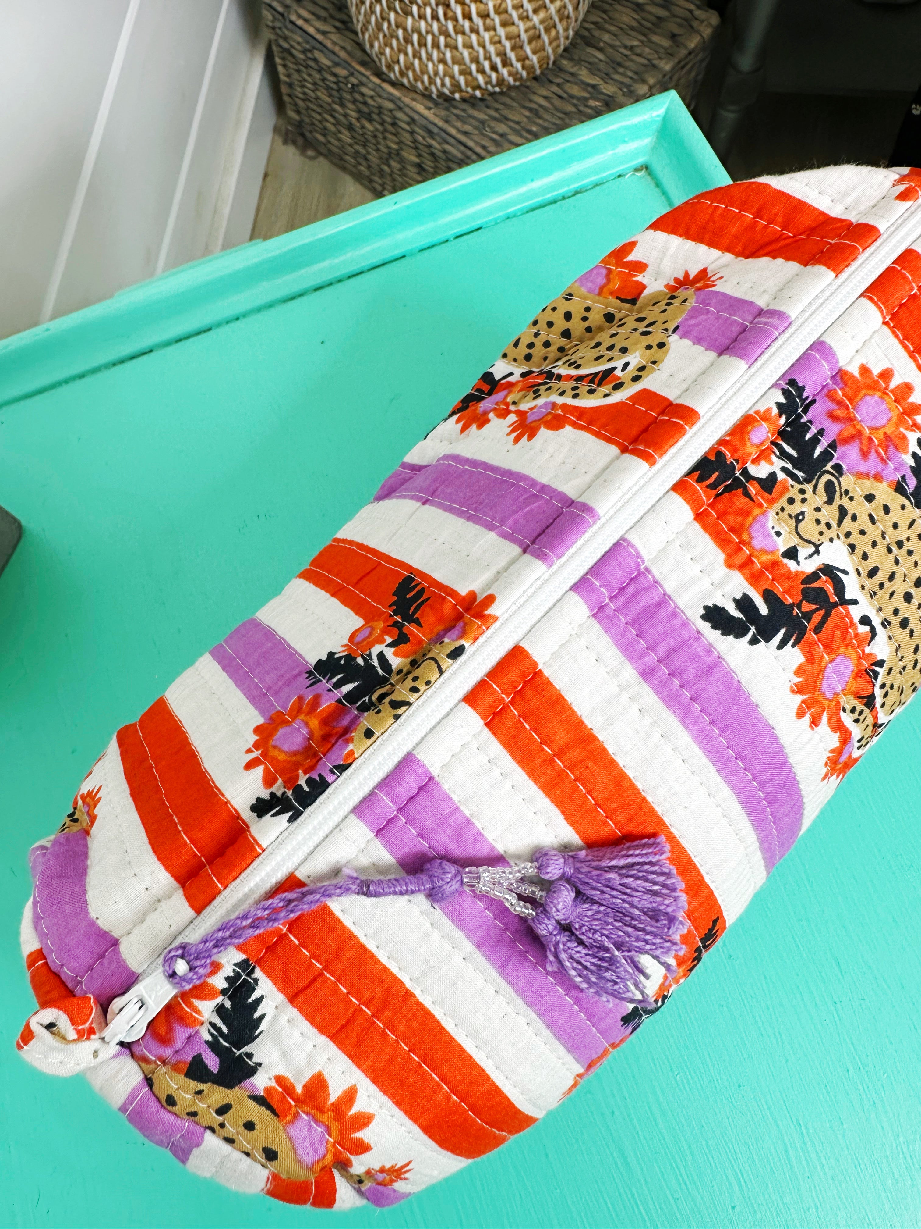 Orange and Purple Jaguar Print Quilted Makeup Cosmetics Toiletry Bag