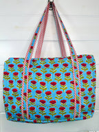 Blue and Red Floral Print Quilted Weekender Overnight Bag
