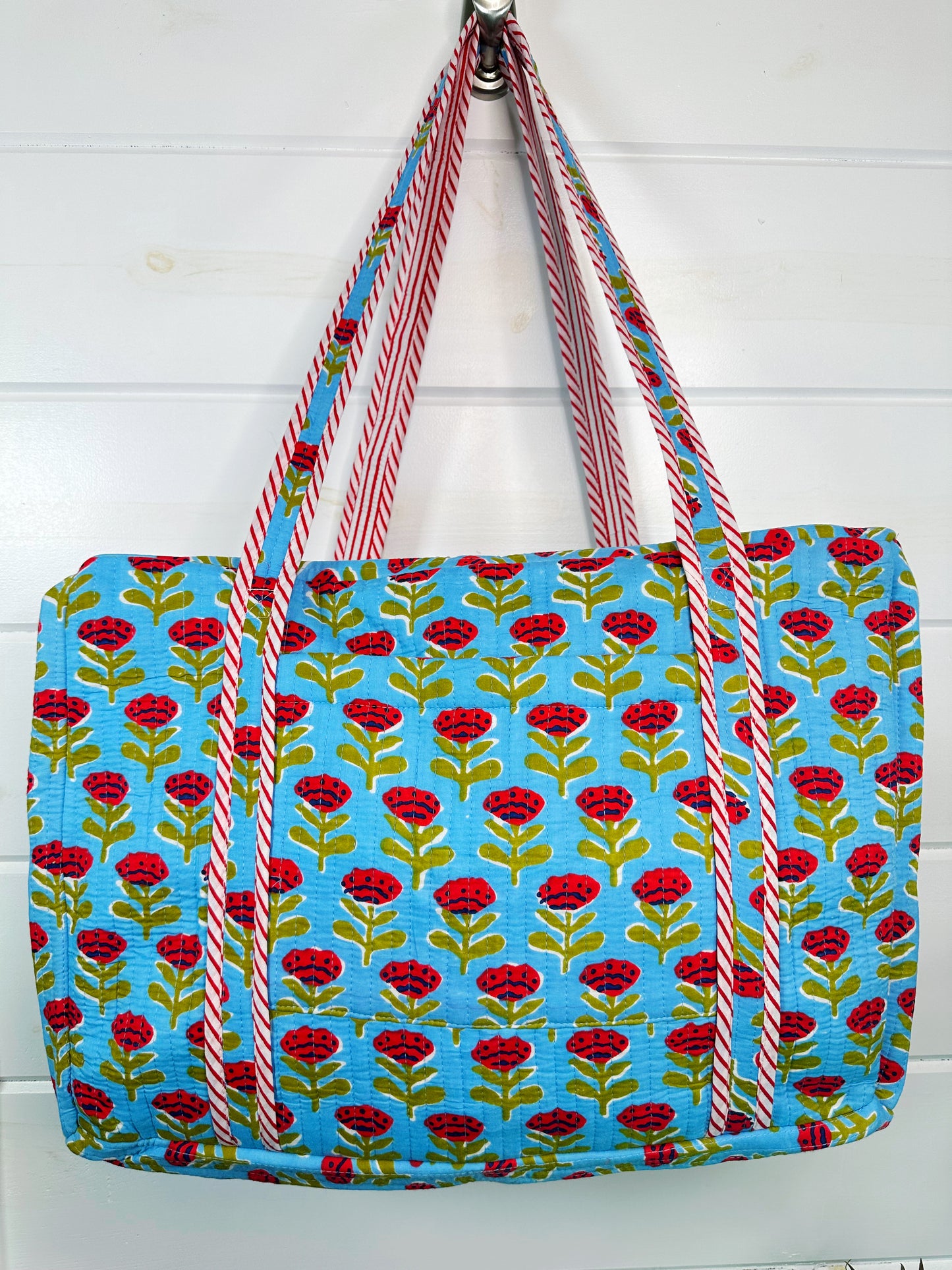 Blue and Red Floral Print Quilted Weekender Overnight Bag