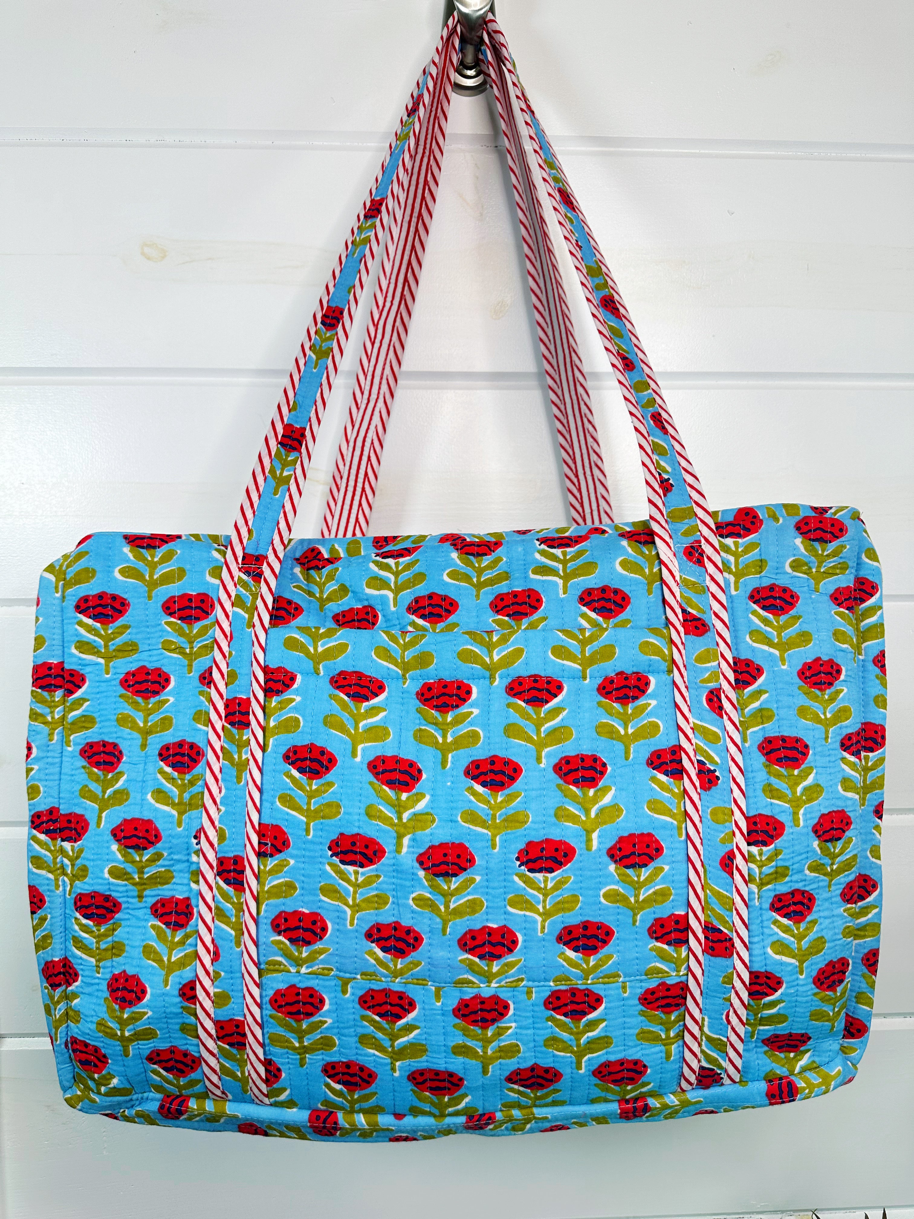 Blue and Red Floral Print Quilted Weekender Overnight Bag