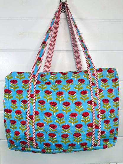 Blue and Red Floral Print Quilted Weekender Overnight Bag