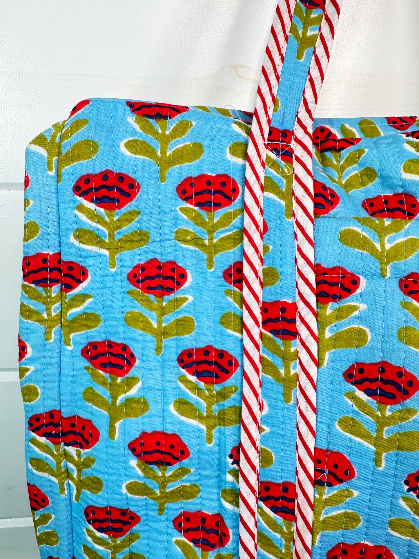 Blue and Red Floral Print Quilted Weekender Overnight Bag
