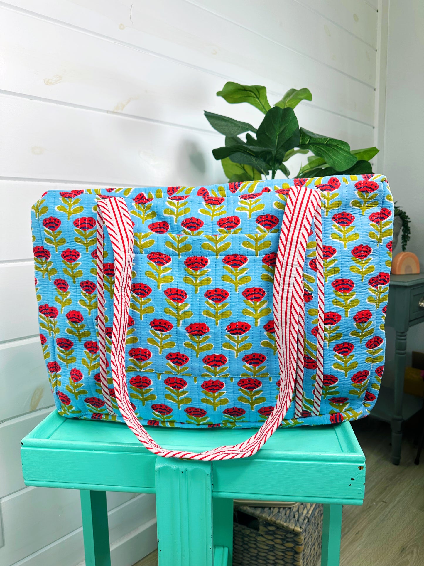 Blue and Red Floral Print Quilted Weekender Overnight Bag