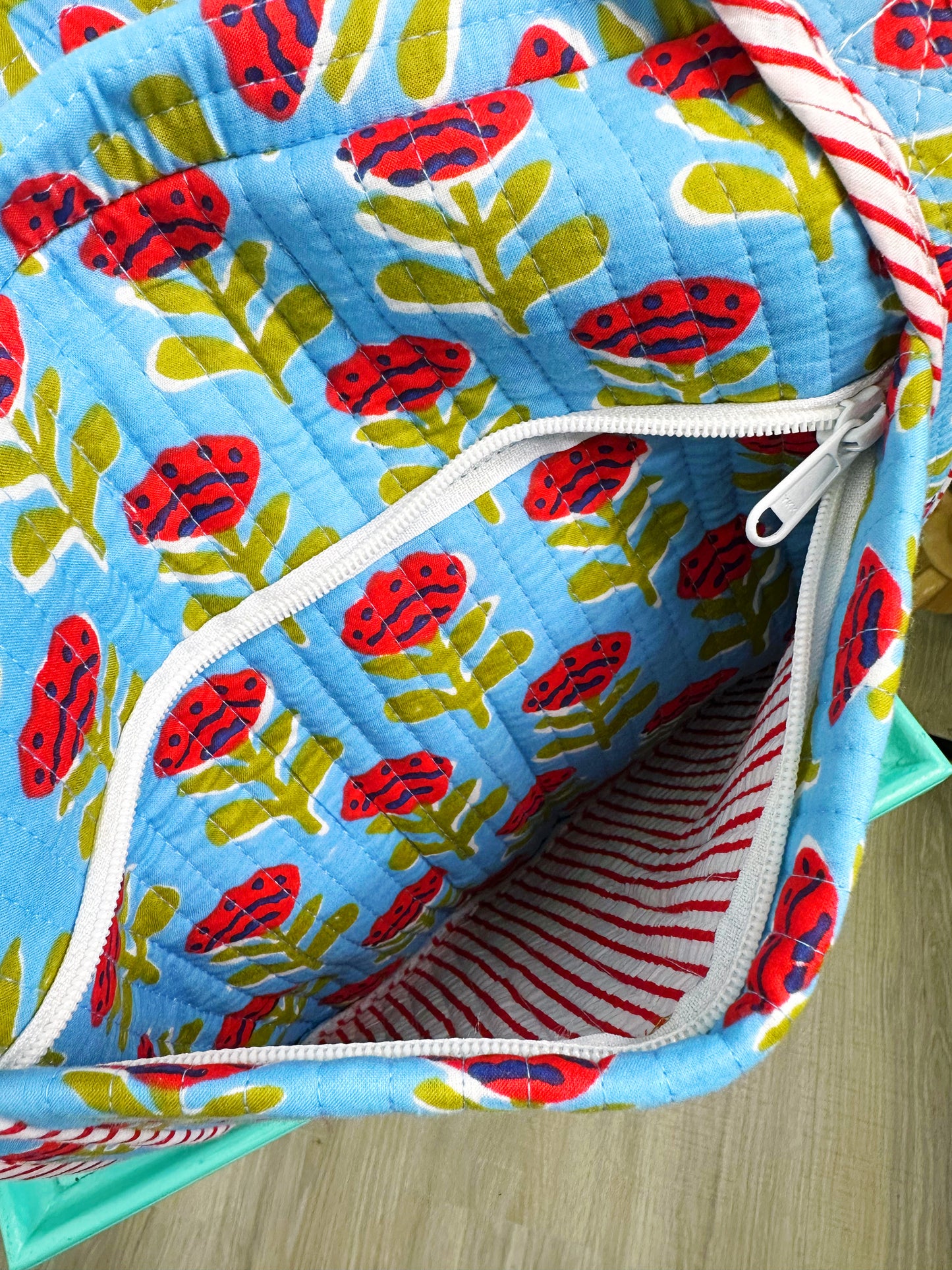 Blue and Red Floral Print Quilted Weekender Overnight Bag