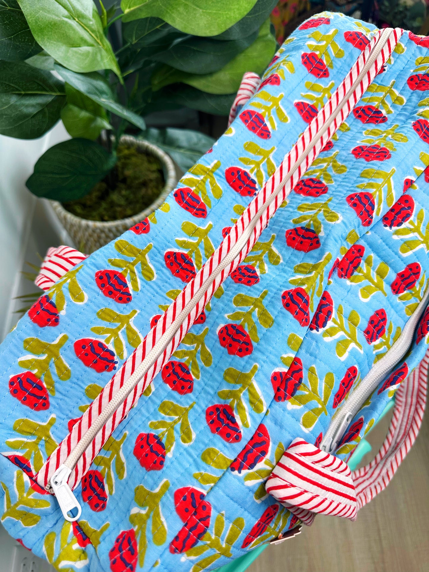 Blue and Red Floral Print Quilted Weekender Overnight Bag