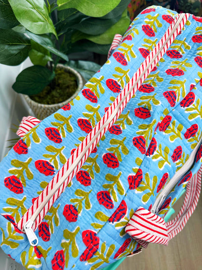 Blue and Red Floral Print Quilted Weekender Overnight Bag
