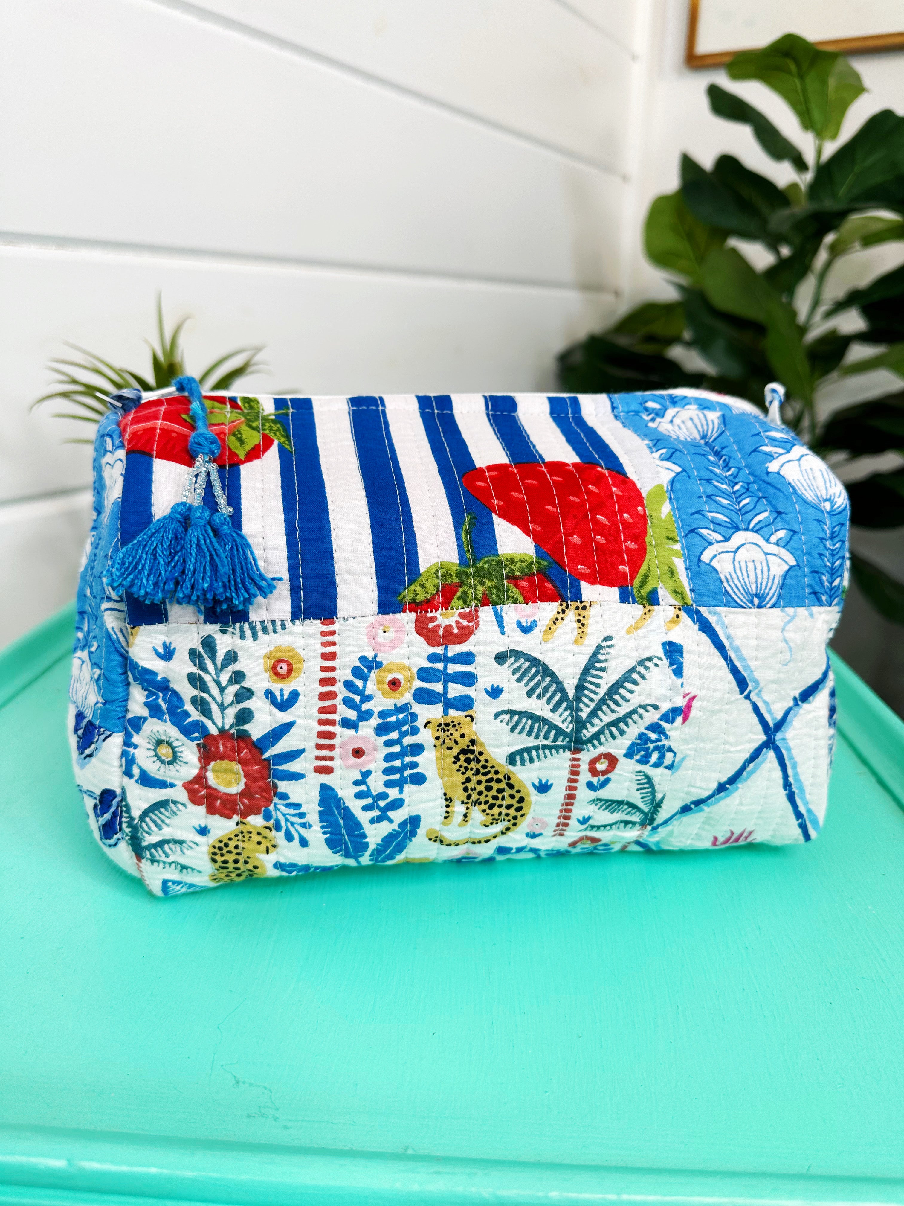 Blue Patchwork Quilted Makeup Cosmetics Toiletry Bag