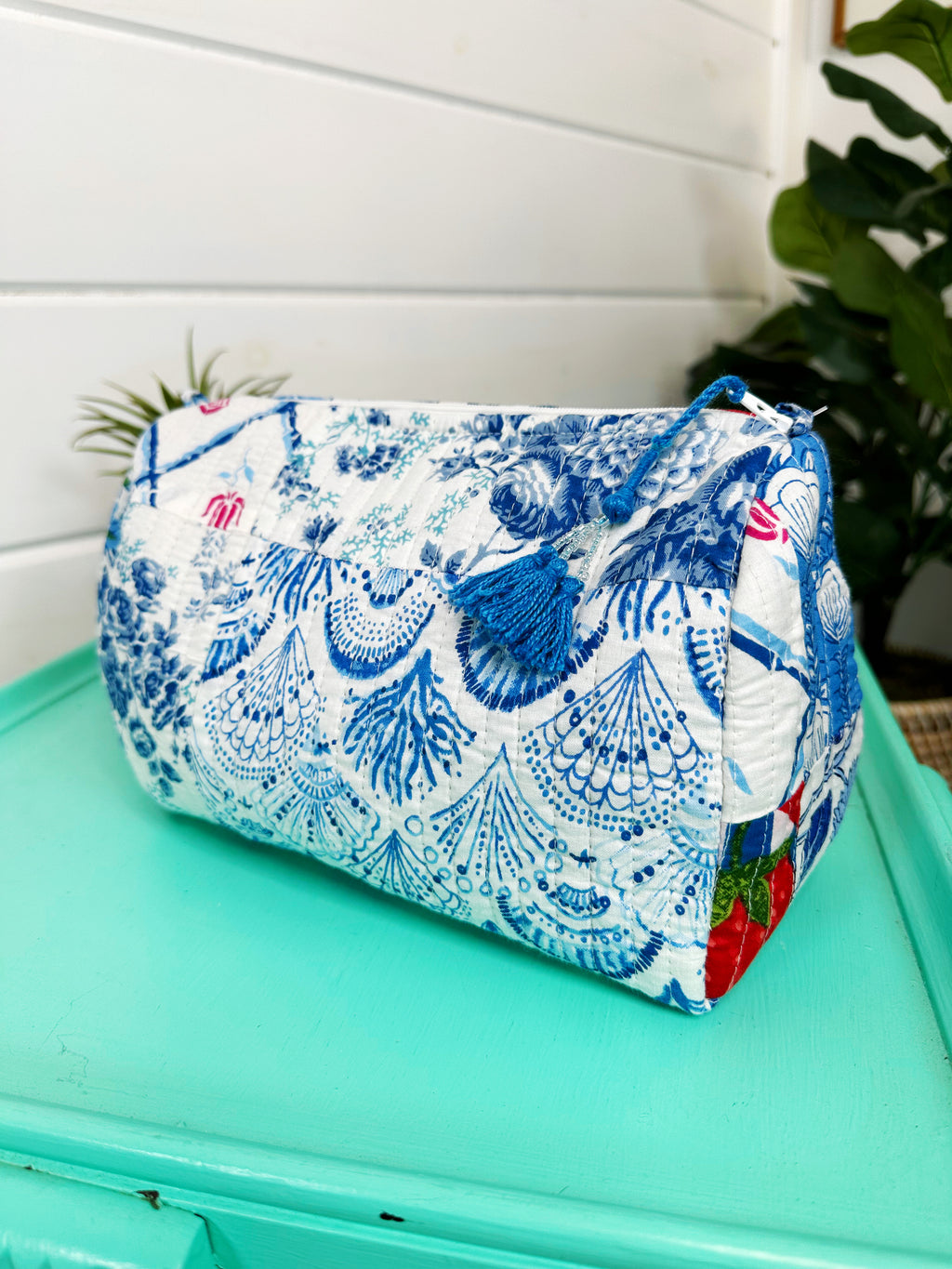 Blue Patchwork Quilted Makeup Cosmetics Toiletry Bag