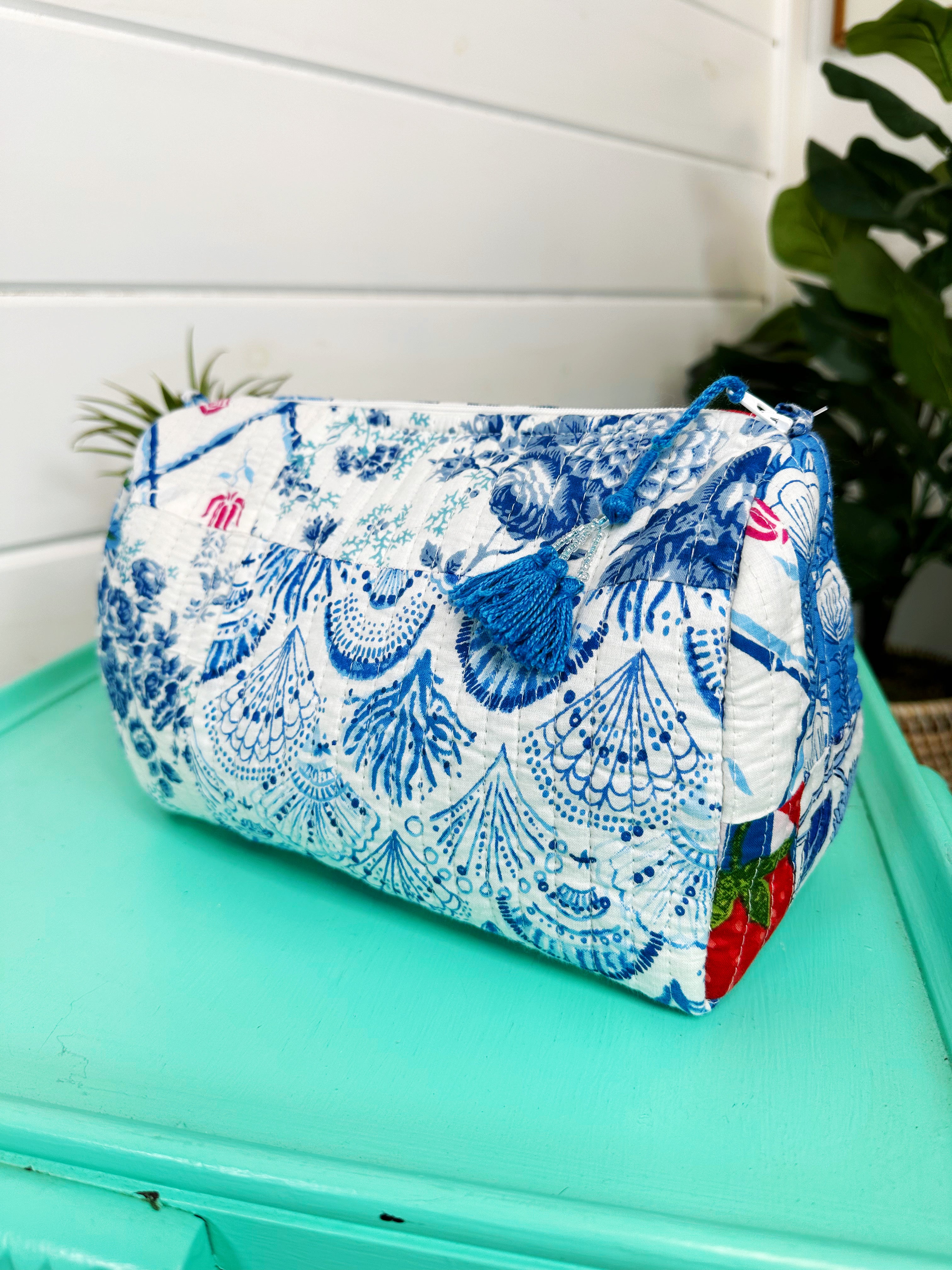 Blue Patchwork Quilted Makeup Cosmetics Toiletry Bag