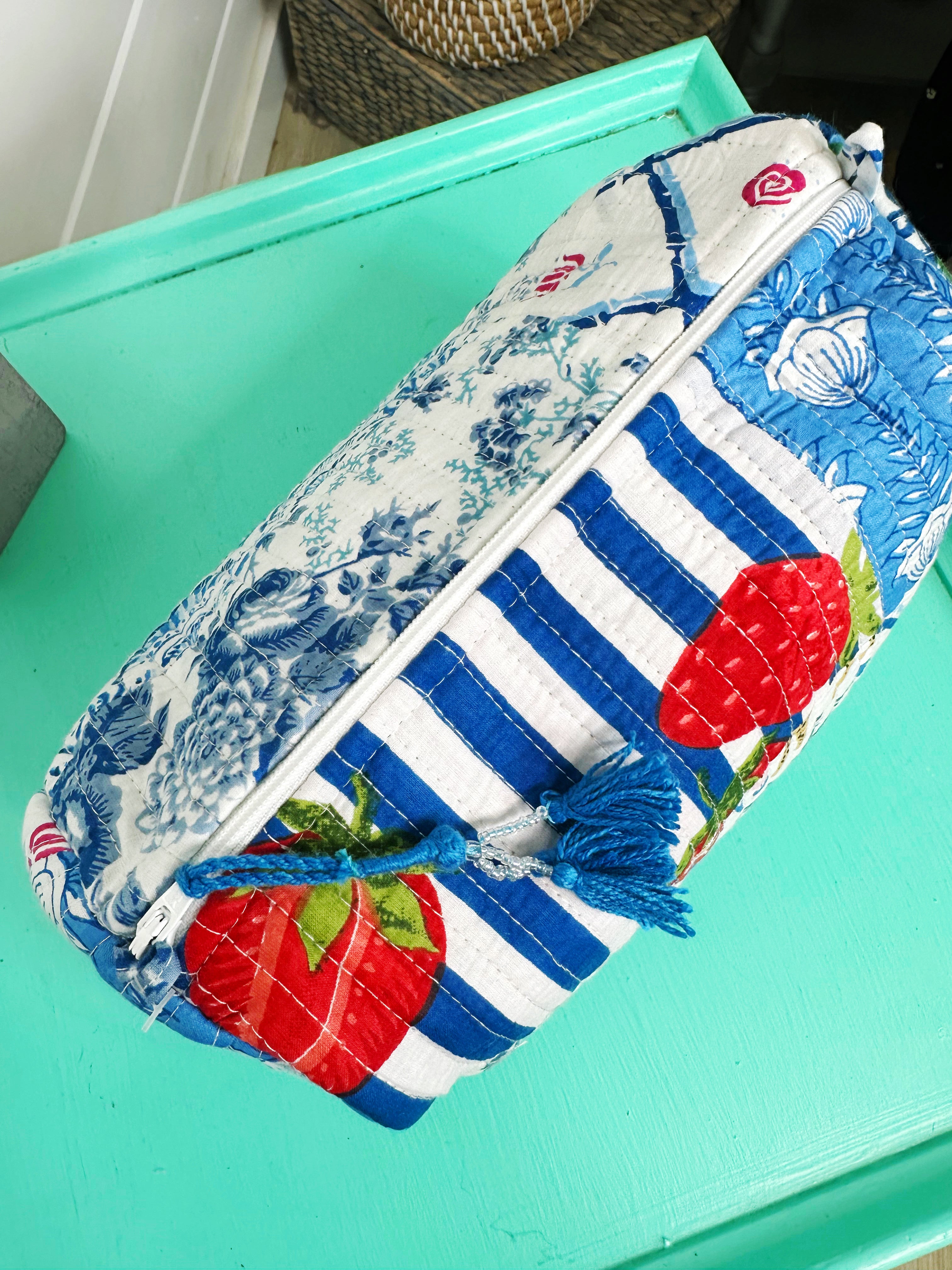 Blue Patchwork Quilted Makeup Cosmetics Toiletry Bag